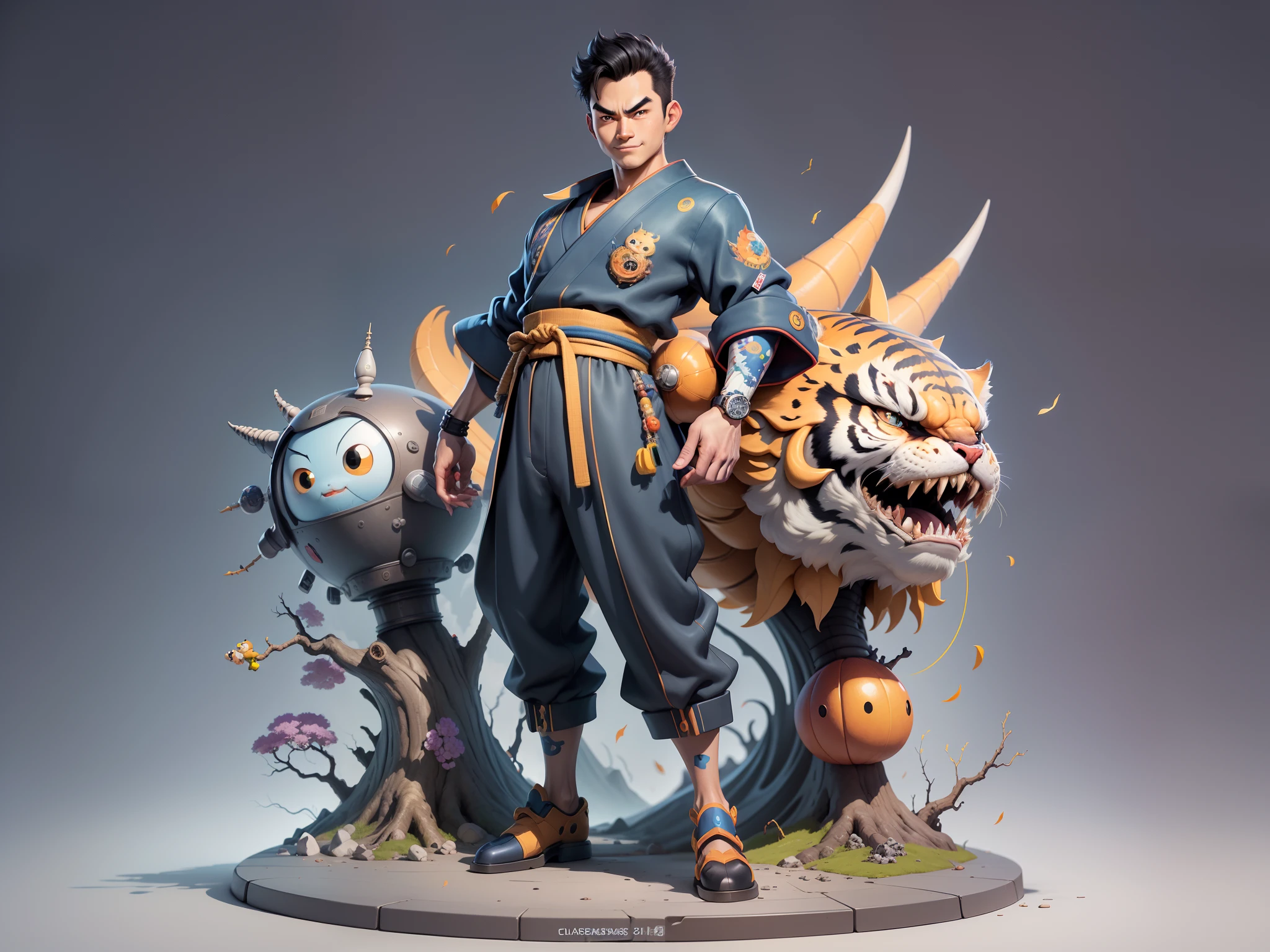 (Masterpiece), (Excellent), (Super Meticulous), (Full Body: 1.2), Super Young Man, Oriental Face, Japanese Kimono, Japanese Wind Thunder God, Dragon, Tiger, TV Anchor, Bust Portrait Illustration, Alone, Black Suit, Blue Tie, Slightly Chubby Face, Very Clean Face, No Beard, Black Super Short Hair, Black Eyes, Confident Smile, 3c Computer Sub-Products, iPad, iPhone, Digital Painting, 3D Character Design by Akira Toriyama and Mark Claireden and Pixar and Hayao Miyazaki, The illustration is a high-definition illustration in 4K resolution with very detailed facial features and cartoon-style visuals.