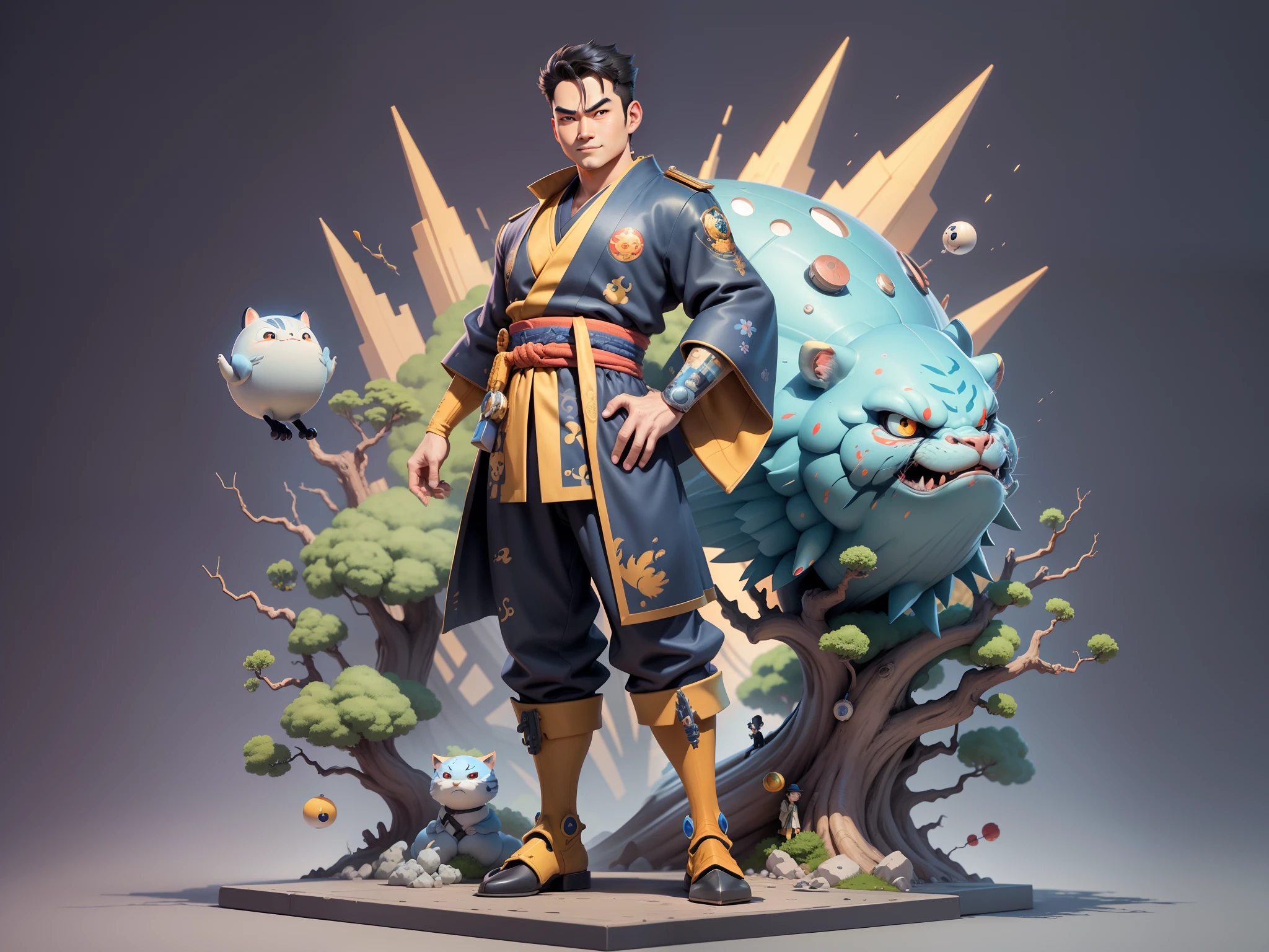 (Masterpiece), (Excellent), (Super Meticulous), (Full Body: 1.2), Super Young Man, Oriental Face, Japanese Kimono, Japanese Wind Thunder God, Dragon, Tiger, TV Anchor, Bust Portrait Illustration, Alone, Black Suit, Blue Tie, Slightly Chubby Face, Very Clean Face, No Beard, Black Super Short Hair, Black Eyes, Confident Smile, 3c Computer Sub-Products, iPad, iPhone, Digital Painting, 3D Character Design by Akira Toriyama and Mark Claireden and Pixar and Hayao Miyazaki, The illustration is a high-definition illustration in 4K resolution with very detailed facial features and cartoon-style visuals.