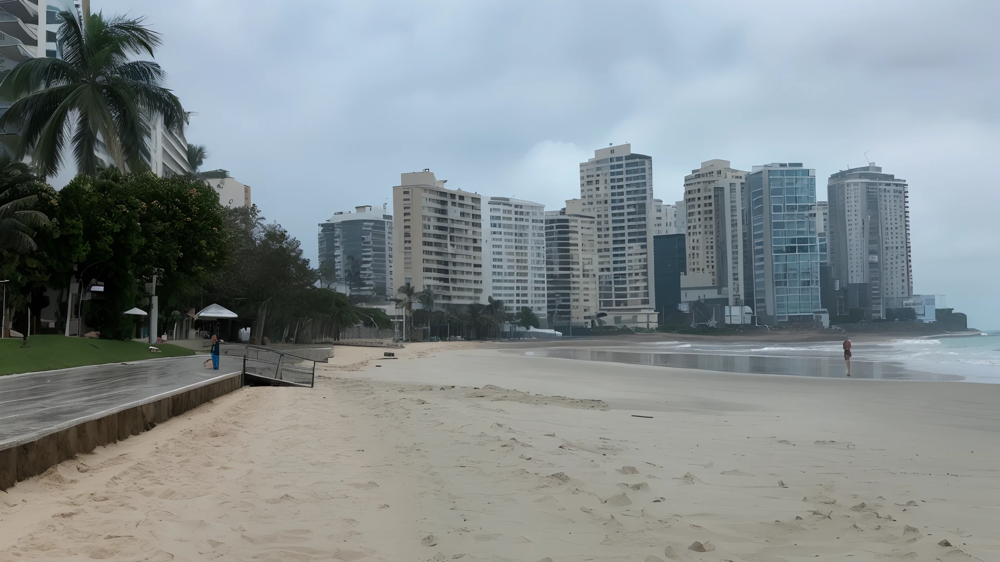 there is a man walking on the beach with a surfboard, praia em primeiro plano, the sea seen behind the city, Buildings at a distance, Tall buildings in the background, slight cloudy lighting, in a beachfront environment, skyscrapers in the background, sao paulo, Dia nublado, cidade costeira tropical, beach trees in the background, skyscrapers in the distance
