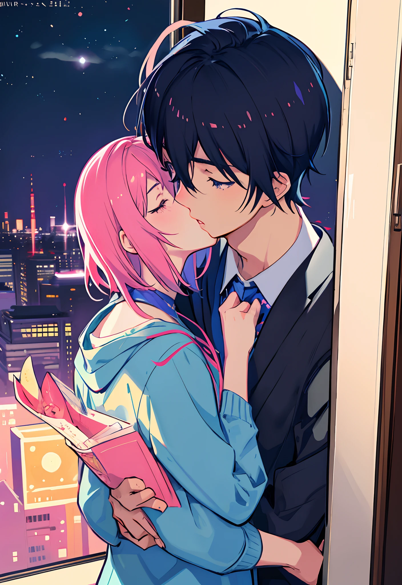 Anime couple kissing in front of window in city lights, Two anime handsome men, kissing together cutely, Yaoi, sakimichan and frank franzzeta, nick silva and ilya kuvshinov, official fan art, nixeu and sakimichan, frank franzzeta and sakimichan, Cute boys