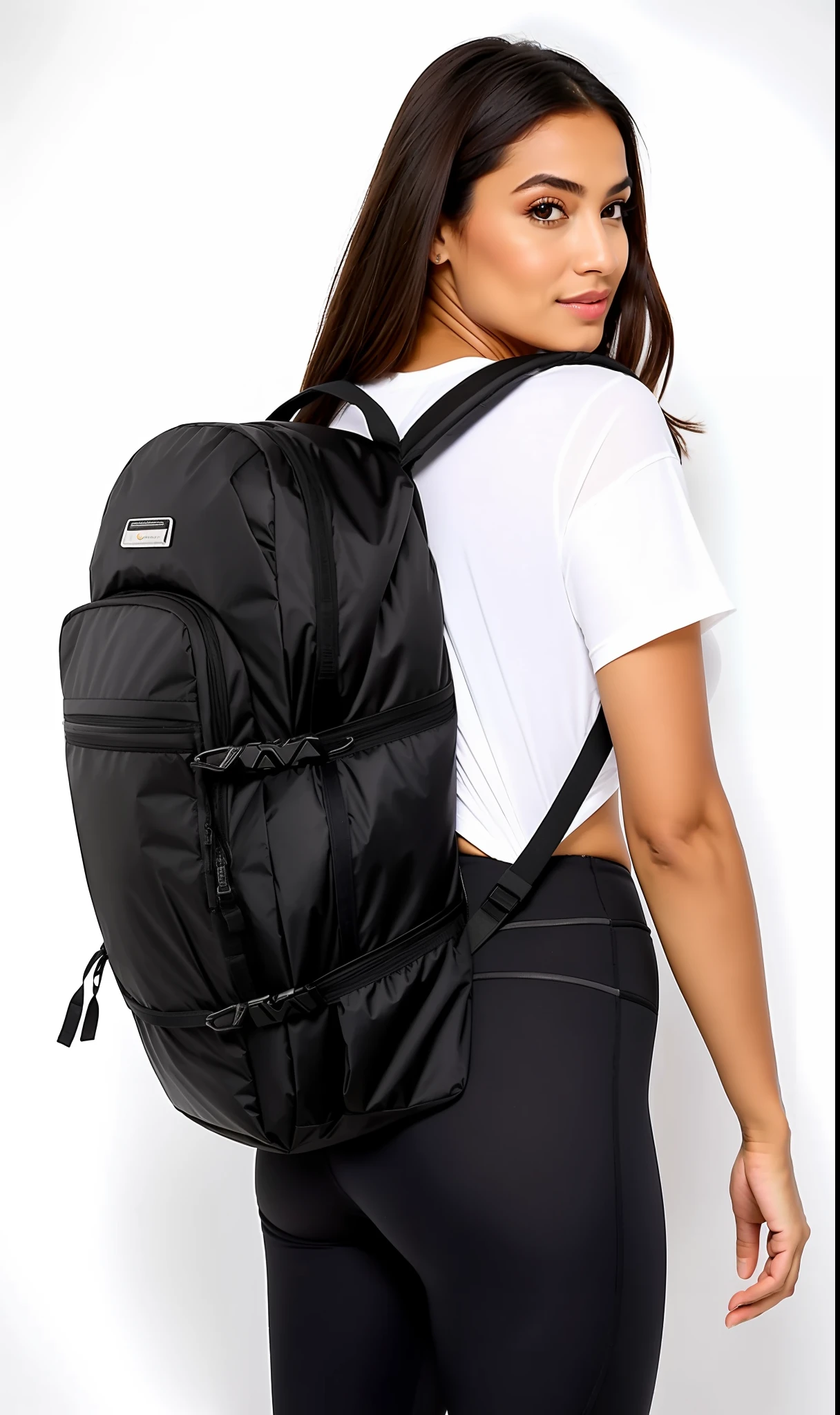 uma mulher linda, com ativos definidos, derriere, definido, Despojos acentuados, cintura fina e quadril grosso, vestindo uma mochila, legging preto e uma camisa branca, mochila, uma mochila, com uma mochila, uma mulher usando uma mochila, a mulher tem uma mochila, Nice huge hardware bags, roupas de caminhada, Sacos, trending on r/techwearclothing, carregando um saco de selim, legging pants , legging pants, mochila escolar, trending on r/streetwear