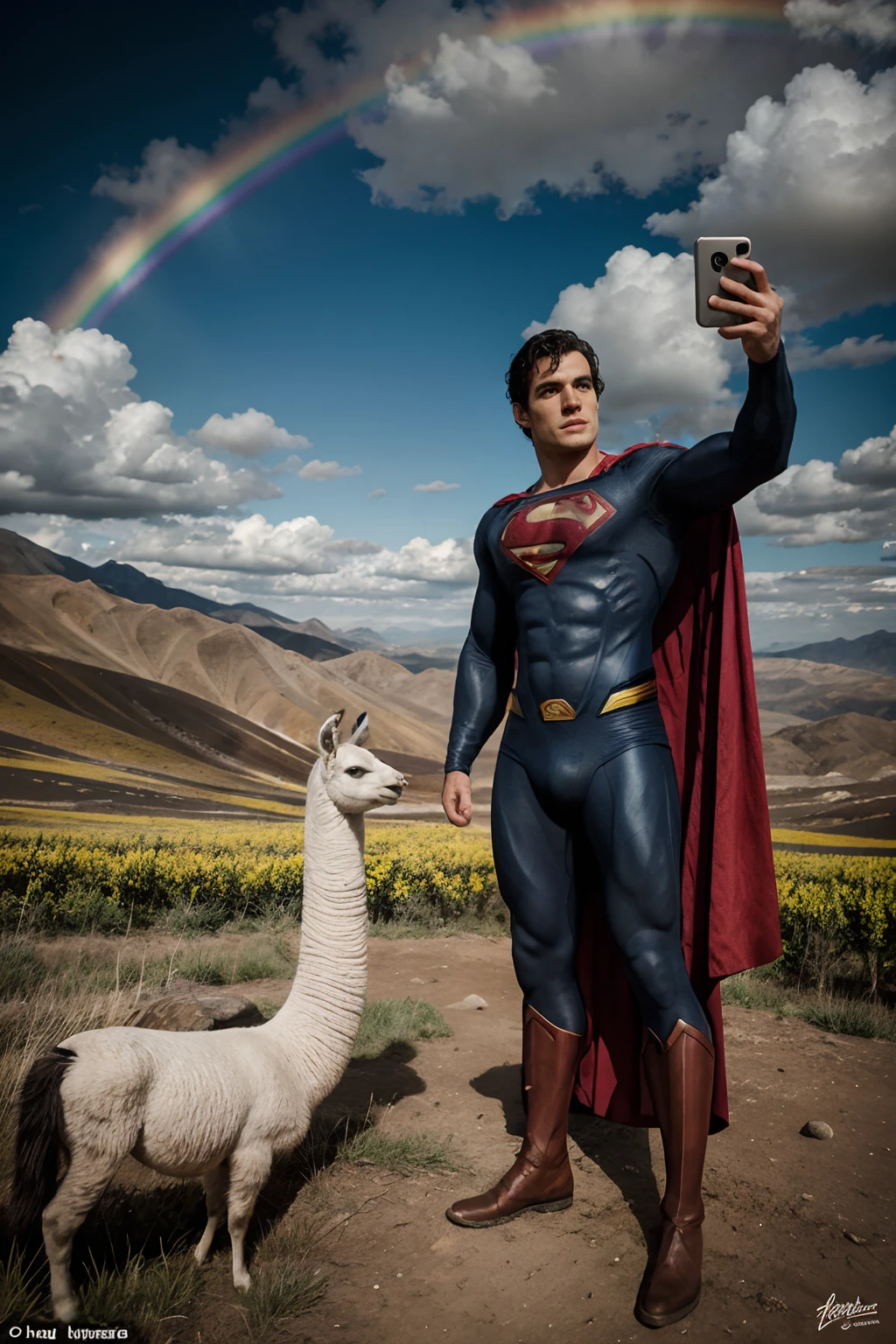 [A detailed description of a whimsical scene featuring Superman (Henry Cavill) in the vibrant setting of Cuzco, specifically the picturesque Rainbow Mountain (Mountain 7 Colors Vinicunca). Superman is portrayed in his iconic superhero attire, standing confidently alongside a friendly llama. He holds a smartphone in one hand, extending it for a selfie, and his other arm is draped around the llama in a playful gesture. The backdrop is dominated by the breathtaking Rainbow Mountain, with its distinct layers of colorful rock formations creating a stunning visual spectacle.], [The Rainbow Mountain is a majestic natural wonder, characterized by its unique and vivid bands of red, orange, yellow, green, blue, indigo, and violet hues. The landscape is dotted with lush vegetation and pockets of snow, creating a harmonious blend of colors and textures. The scene captures the beauty and mystique of the Andean highlands, offering a breathtaking contrast to Superman's superheroic presence.], [The llama, a symbol of the region, stands calmly beside Superman, seemingly unphased by his extraordinary companion. Its expressive eyes and friendly demeanor add charm and authenticity to the scene, reflecting the warmth and hospitality of the Peruvian culture. The llama's presence adds a touch of humor and whimsy to the encounter.], [The mood of the scene is one of lightheartedness, wonder, and cultural exploration. Superman's genuine smile and the playful interaction with the llama convey a sense of connection with both nature and the local traditions. The awe-inspiring Rainbow Mountain backdrop evokes a sense of adventure and appreciation for the natural beauty of the world. The scene invites viewers to imagine the magic of discovering unexpected wonders, even for a superhero.], [Photography (Fantasy style) created by combining a photograph of Henry Cavill as Superman with a digitally rendered background of Rainbow Mountain. The composition is skillfully blended to create a seamless and