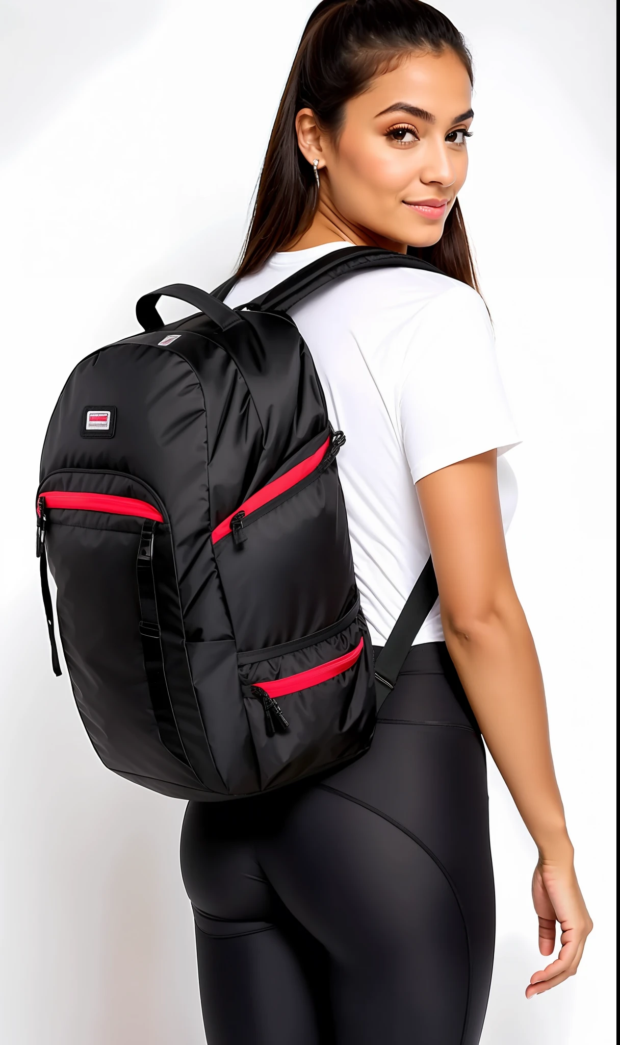 uma mulher linda, com ativos definidos, derriere, definido, Despojos acentuados, cintura fina e quadril grosso, vestindo uma mochila, legging preto e uma camisa branca, mochila, uma mochila, com uma mochila, uma mulher usando uma mochila, a mulher tem uma mochila, Nice huge hardware bags, roupas de caminhada, Sacos, trending on r/techwearclothing, carregando um saco de selim, legging pants , legging pants, mochila escolar, trending on r/streetwear