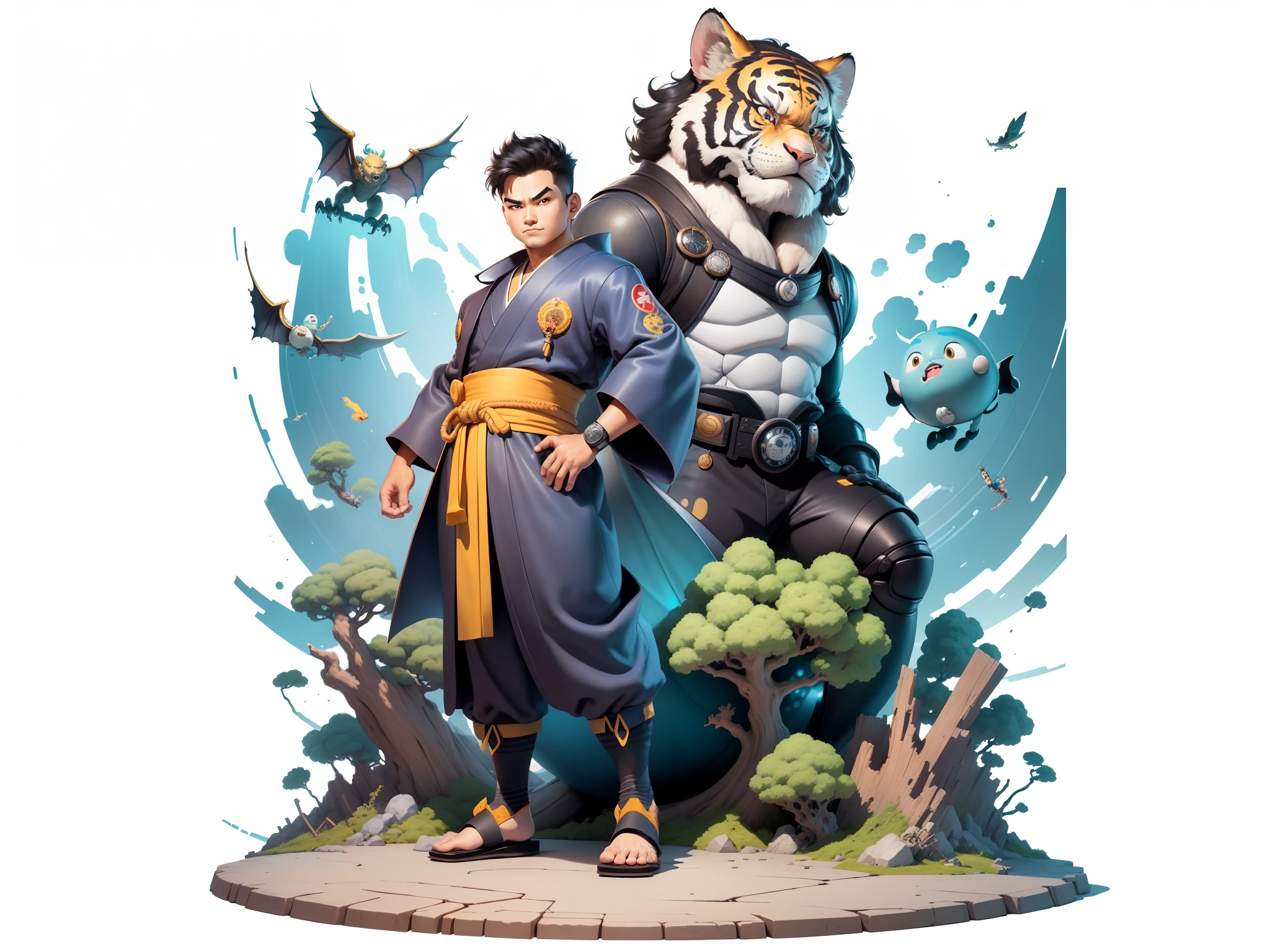 (Masterpiece), (Excellent), (Super Meticulous), (Full Body: 1.2), Super Young Man, Oriental Face, Japanese Kimono, Japanese Wind Thunder God, Dragon, Tiger, TV Anchor, Bust Portrait Illustration, Alone, Black Suit, Blue Tie, Slightly Chubby Face, Very Clean Face, No Beard, Black Super Short Hair, Black Eyes, Confident Smile, 3c Computer Sub-Products, iPad, iPhone, Digital Painting, 3D Character Design by Akira Toriyama and Mark Claireden and Pixar and Hayao Miyazaki, The illustration is a high-definition illustration in 4K resolution with very detailed facial features and cartoon-style visuals.