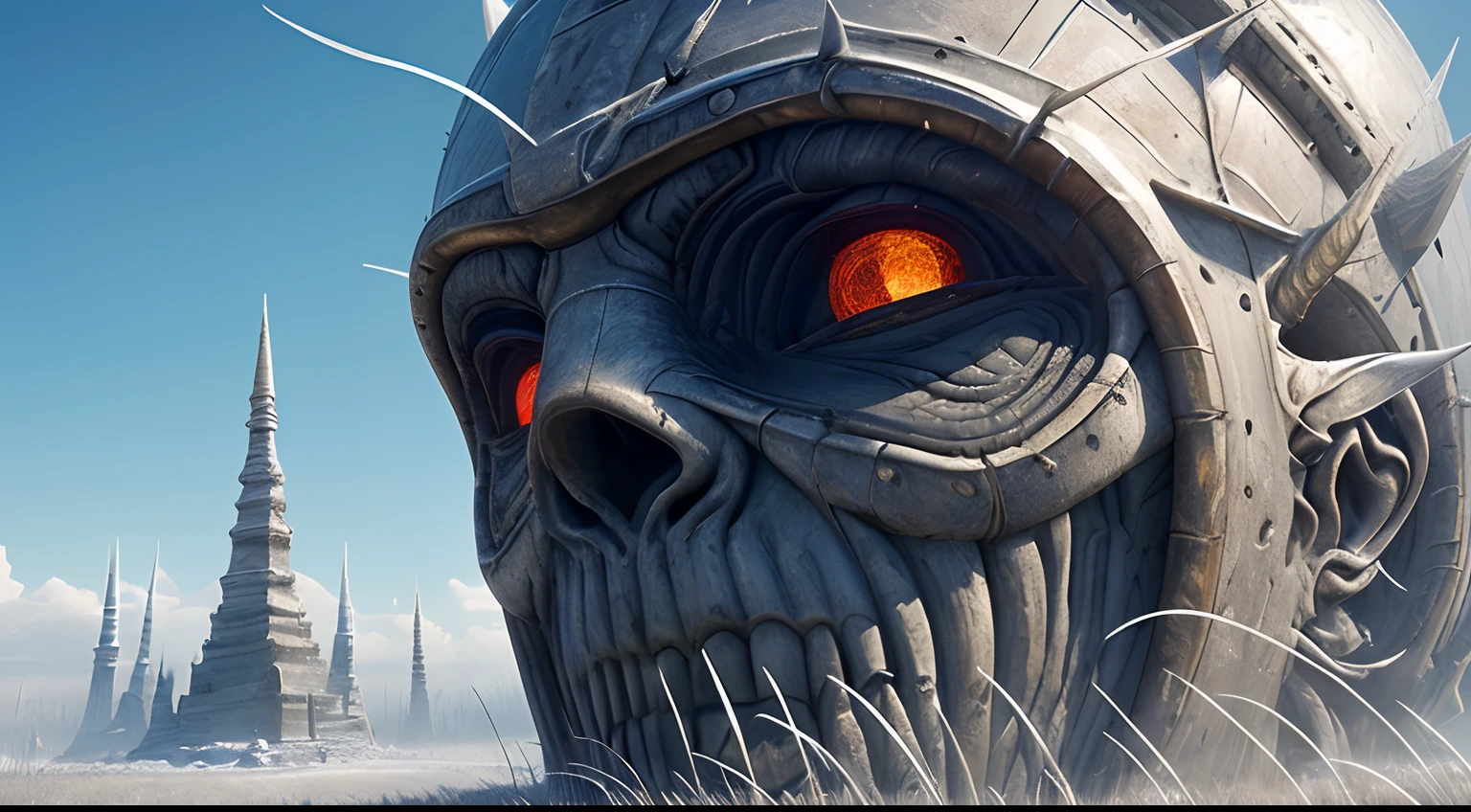 (Extreme close-up) photore (Scared:1.1) (snowfield:0.9), (tall grass:1.2), (A huge old dead alien demon:1.2), Silver light reflection,Frozen, (Pagodas, 12th century, 1.2),rays of sunshine, insanely details, Cinematic, epic realistic, Intricate details, ultra - detailed, High quality, primitive, author:Jakub Rozalski