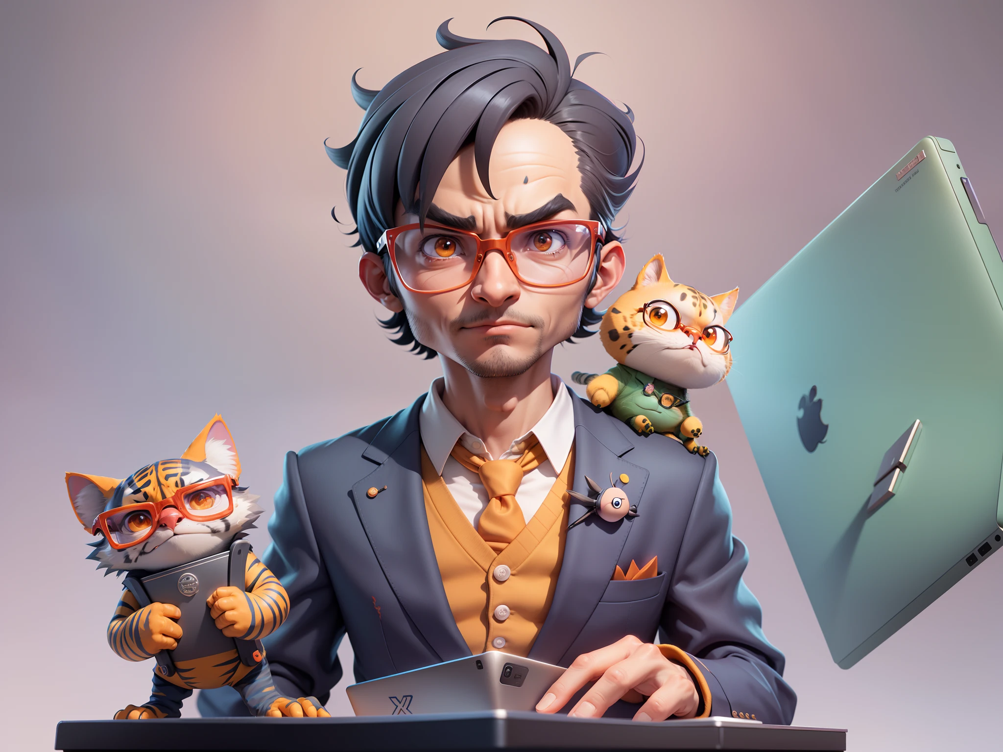 A young man in a suit, Short hair and glasses sat at his desk,holding laptop,digitial painting,tigre,3D character design by Mark Clairen and Pixar and Hayao Miyazaki and Akira Toriyama,4K HD illustration,Very detailed facial features and cartoon-style visuals。
