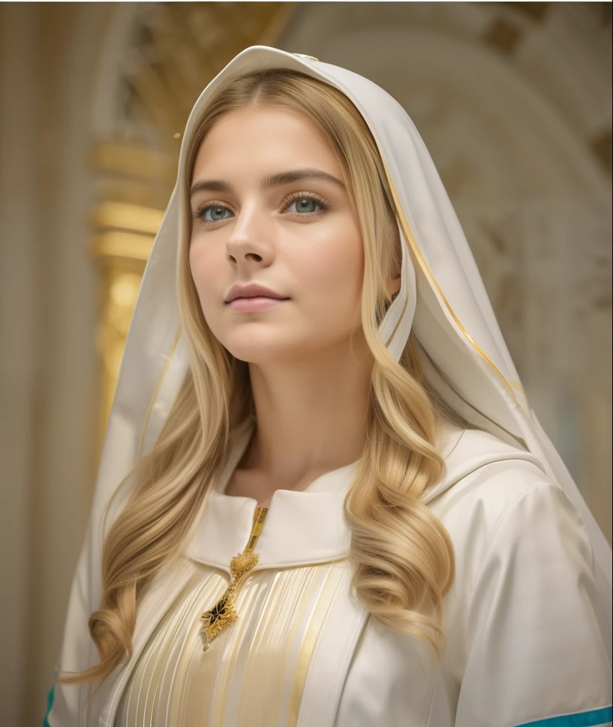 ((Blessed Virgin Mary. 19 years old))) ((( Con una cara seria y piadosa. Con una mirada dulce y tierna))) (obra maestra, calidad superior, mejor calidad, arte oficial, beautiful and aesthetic: 1.2), (1girl), extremadamente detallado, (Arte fractal: 1.3), colorido, highest detailed, Cara perfecta, parte superior del cuerpo, HDR, (orando: 1.3), (golden lines of white coat: 1.2), galaxia, (rayas de luz), eye-catching visuals, (dynamic stripes, senderos luminosos: 1.2), colores vibrantes,