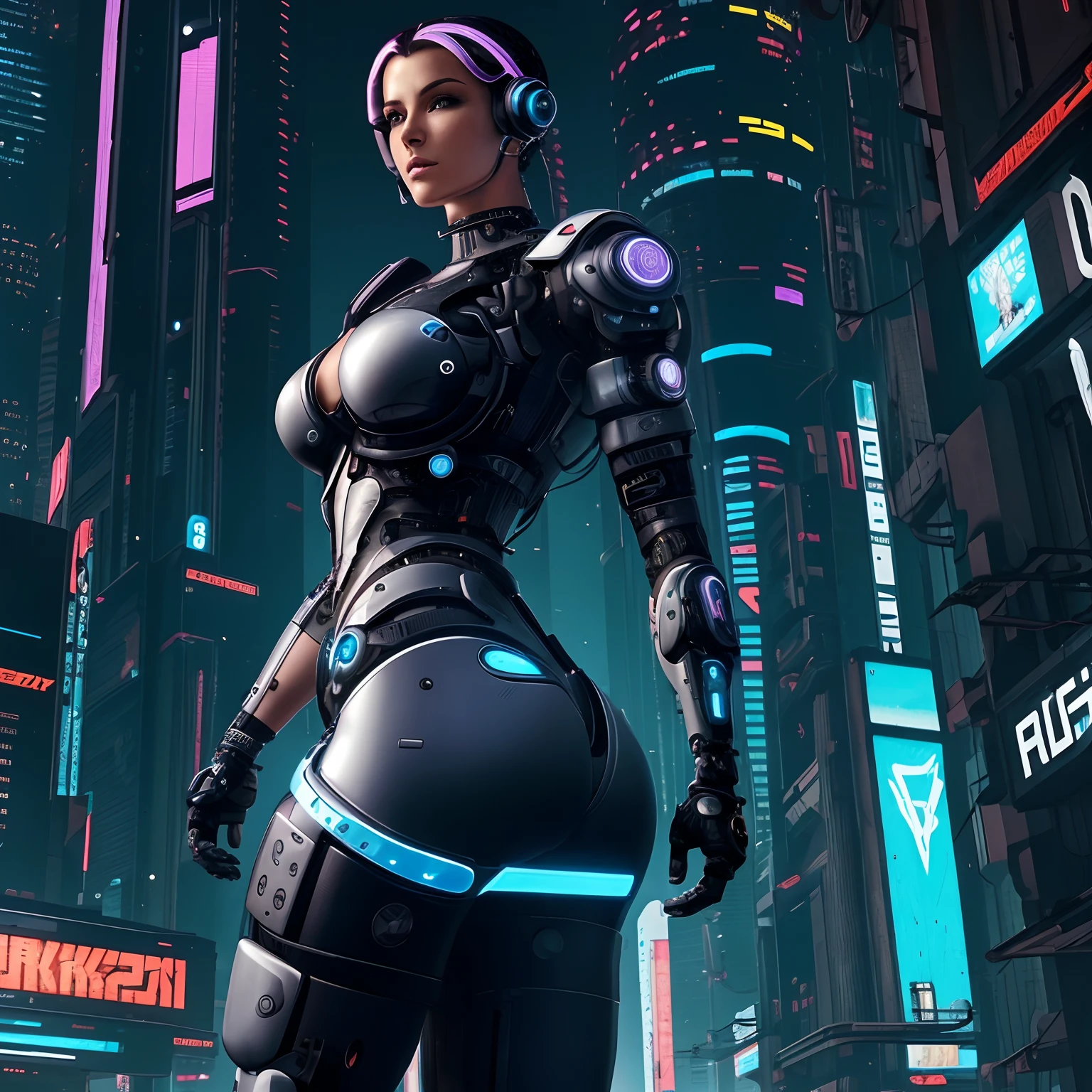 mulher ((ciborgue)), obra prima, ((bunda grande)), ((peito grande)), {cabelos rosa}, rosto perfeito, corpo perfeito, 8k, imagem perfeita, ((realista)), Futuristic setting ((Cyberpunk)), MULHER SEXY, Exciting positions,