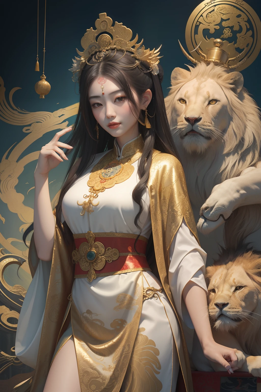 an ancient Chinese goddess, guanyin of the southern seas, Guanyin, Inspired by China, Avalokiteshvara rides a lion,,Serene expression,shui mo hua,Buddha,Buddhist,Lotus,Chinese painting style,Thangka style