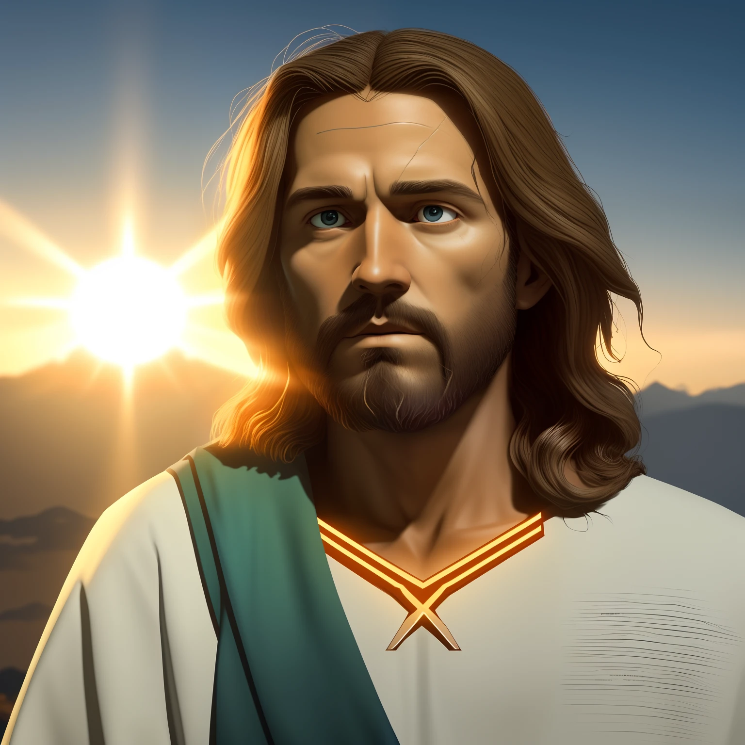 jesus is standing in front of the sun with a cross on his shoulder, portrait of jesus christ, jesus christ, dressed like jesus christ, jesus face, greg olsen, jesus, jesus of nazareth, young almighty god, tron legacy jesus christ, the lord and savior, gigachad jesus, tron legacy jesus, jesus christ in mass effect, sun behind him
