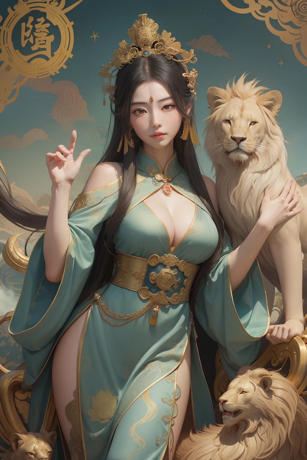 an ancient Chinese goddess, guanyin of the southern seas, Guanyin, Inspired by China, Avalokiteshvara rides a lion,,Serene expression,shui mo hua,Buddha,Buddhist,Lotus,Chinese painting style,Thangka style