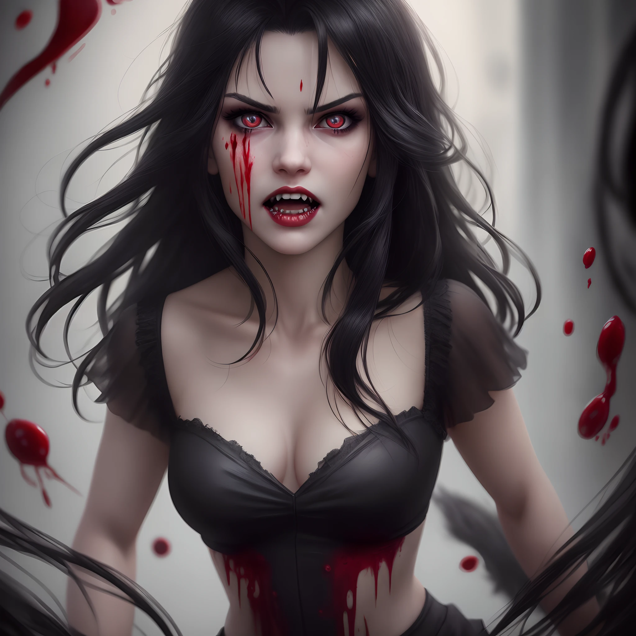 Brazilian vampire, female, raymarching reflections, majestic looking, rubby eyes, full body, flowing black hair, menacing gaze and gleaming vampire fangs, blood staining her pale face, extremely detailed, photorealistic lighting, photorealistic render, epic