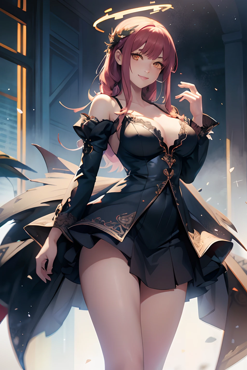 masterpiece, best quality, ultra-detailed, Potrait of beautiful MakimaCSM, solo, breasts, looking_at_viewer, smile, long_sleeves, dress, medium_breasts, collarbone, , black_dress, halo, volumetric lighting, best quality, masterpiece, intricate details, tonemapping, sharp focus, hyper detailed, trending on Artstation,full body