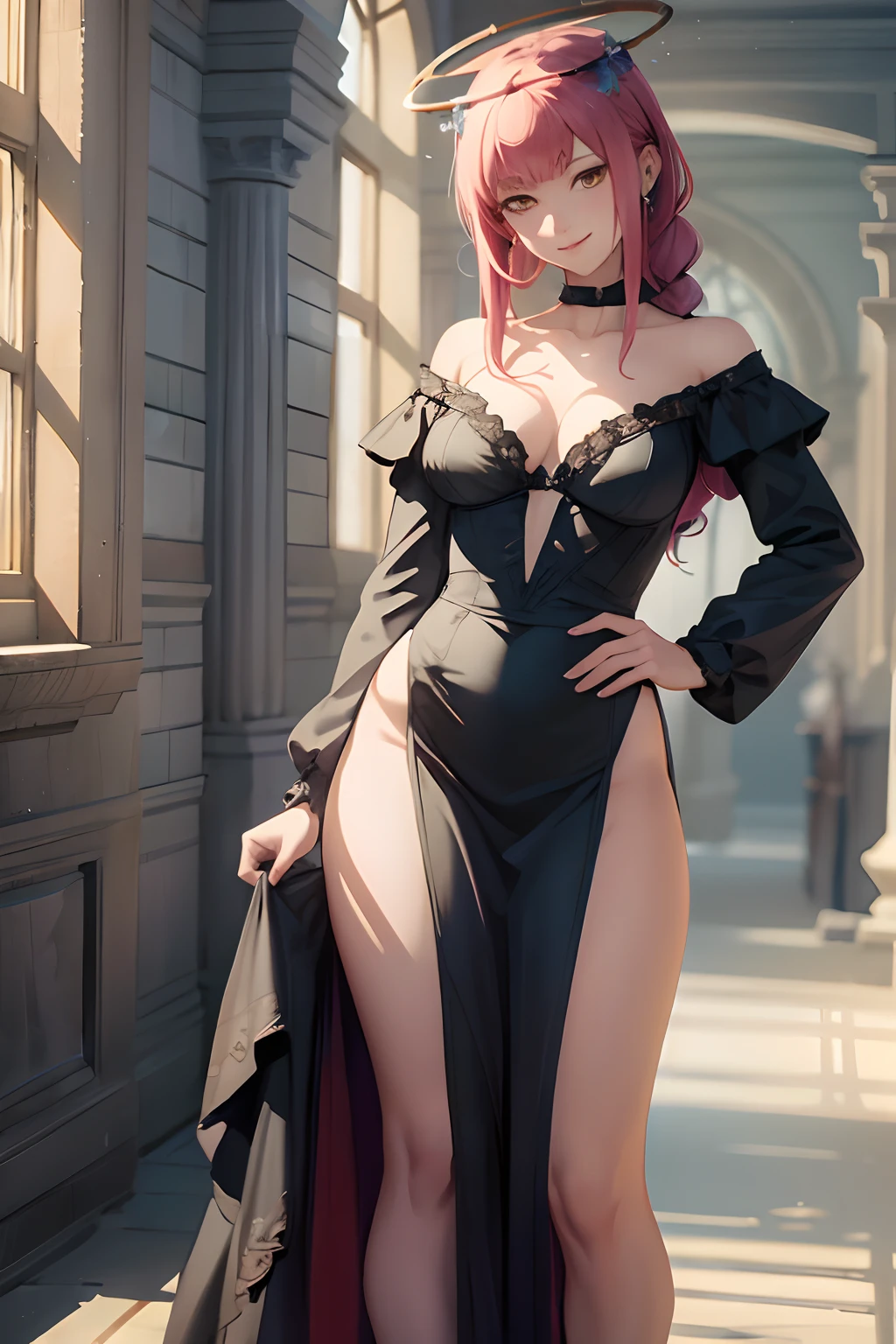 masterpiece, best quality, ultra-detailed, Potrait of beautiful MakimaCSM, solo, breasts, looking_at_viewer, smile, long_sleeves, dress, medium_breasts, collarbone, , black_dress, halo, volumetric lighting, best quality, masterpiece, intricate details, tonemapping, sharp focus, hyper detailed, trending on Artstation,full body