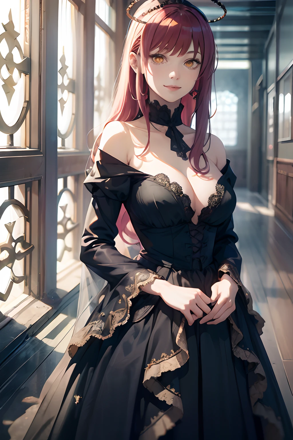 masterpiece, best quality, ultra-detailed, Potrait of beautiful MakimaCSM, solo, breasts, looking_at_viewer, smile, long_sleeves, dress, medium_breasts, collarbone, , black_dress, halo, volumetric lighting, best quality, masterpiece, intricate details, tonemapping, sharp focus, hyper detailed, trending on Artstation,full body