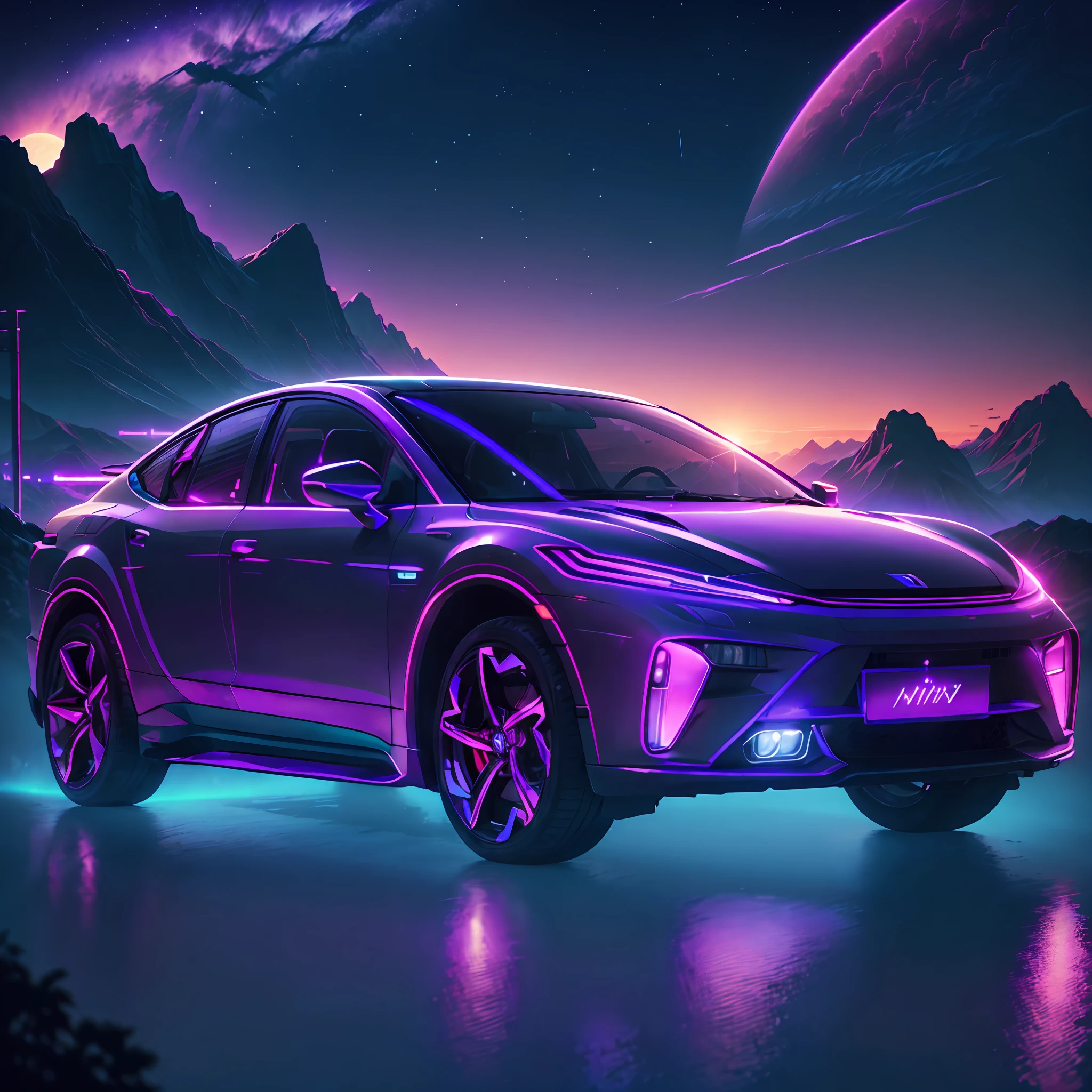 retrowave. city, car, road,  purple neon lights, sun, mountain, 
(masterpiece,detailed,highres),