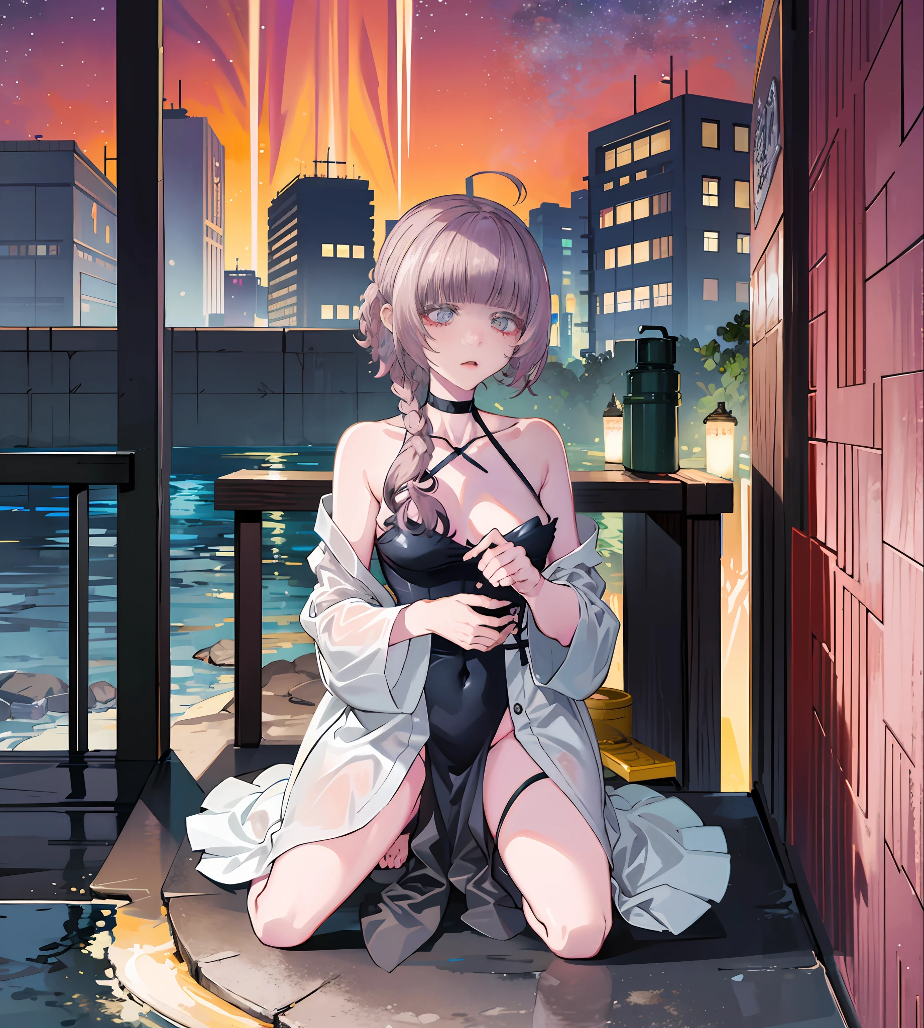 1girl,cabelos longos, somente_Arms,ao ar livre,Onsen, yofukashi no uta, Nazuna Nanakusa,preto_Hair,Luz_sorrir