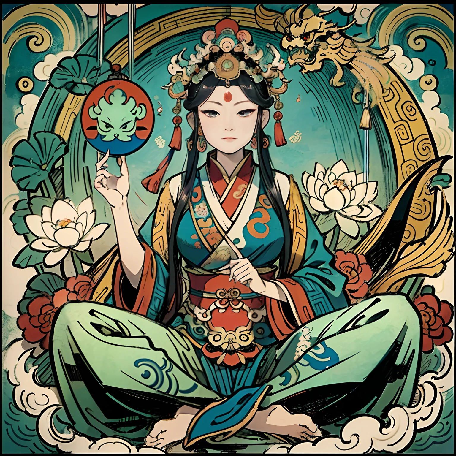 an ancient Chinese goddess, guanyin of the southern seas, Guanyin, Inspired by India, Avalokiteshvara rides a dragon，,Serene expression,shui mo hua,Buddha,Buddhist,Lotus,Chinese painting style,Thangka style
