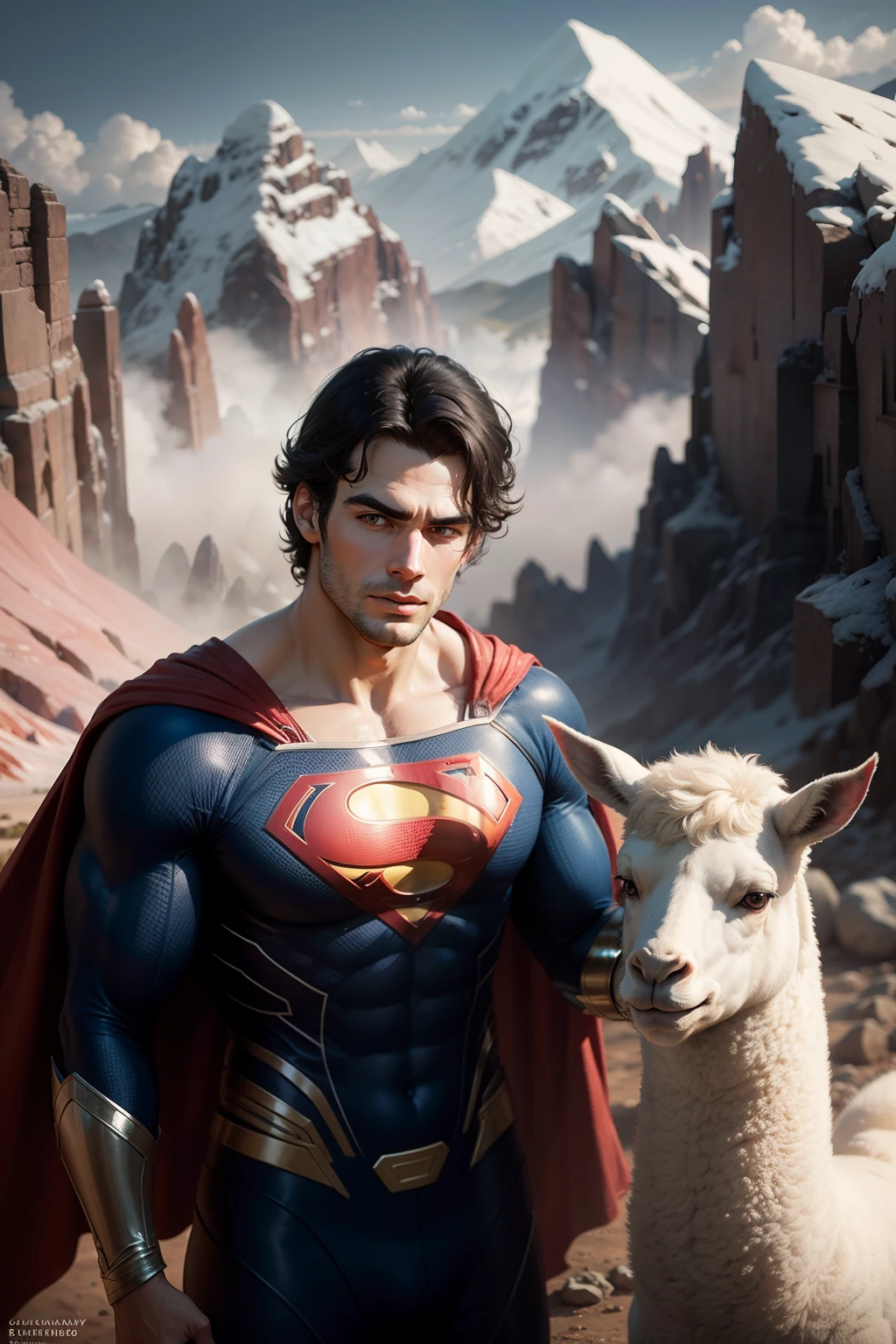 [A detailed description of a whimsical scene featuring Superman (Henry Cavill) in the vibrant setting of Cuzco, specifically the picturesque Rainbow Mountain (Mountain 7 Colors Vinicunca). Superman is portrayed in his iconic superhero attire, standing confidently alongside a friendly llama. He holds a smartphone in one hand, extending it for a selfie, and his other arm is draped around the llama in a playful gesture. The backdrop is dominated by the breathtaking Rainbow Mountain, with its distinct layers of colorful rock formations creating a stunning visual spectacle.], [The Rainbow Mountain is a majestic natural wonder, characterized by its unique and vivid bands of red, orange, yellow, green, blue, indigo, and violet hues. The landscape is dotted with lush vegetation and pockets of snow, creating a harmonious blend of colors and textures. The scene captures the beauty and mystique of the Andean highlands, offering a breathtaking contrast to Superman's superheroic presence.], [The llama, a symbol of the region, stands calmly beside Superman, seemingly unphased by his extraordinary companion. Its expressive eyes and friendly demeanor add charm and authenticity to the scene, reflecting the warmth and hospitality of the Peruvian culture. The llama's presence adds a touch of humor and whimsy to the encounter.], [The mood of the scene is one of lightheartedness, wonder, and cultural exploration. Superman's genuine smile and the playful interaction with the llama convey a sense of connection with both nature and the local traditions. The awe-inspiring Rainbow Mountain backdrop evokes a sense of adventure and appreciation for the natural beauty of the world. The scene invites viewers to imagine the magic of discovering unexpected wonders, even for a superhero.], [Photography (Fantasy style) created by combining a photograph of Henry Cavill as Superman with a digitally rendered background of Rainbow Mountain. The composition is skillfully blended to create a seamless and
