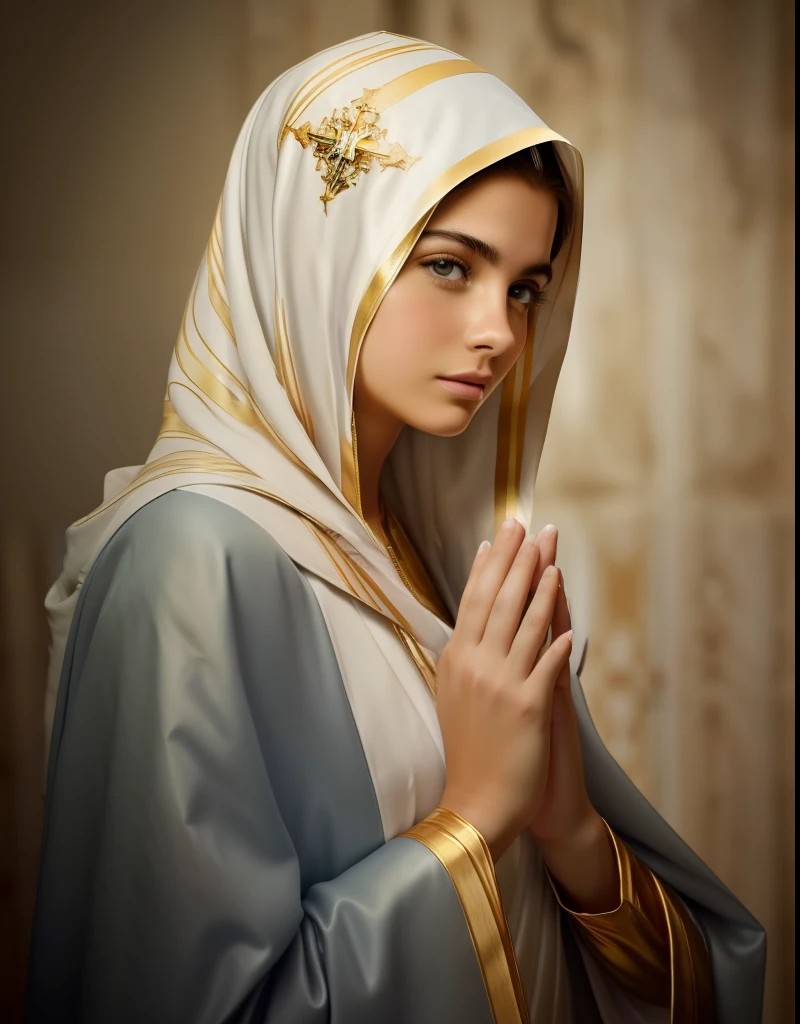 ((Blessed Virgin Mary. 19 years old))) ((( Con una cara seria y piadosa. Con una mirada dulce y tierna))) (obra maestra, calidad superior, mejor calidad, arte oficial, beautiful and aesthetic: 1.2), (1girl), extremadamente detallado, (Arte fractal: 1.3), colorido, highest detailed, Cara perfecta, parte superior del cuerpo, HDR, (orando: 1.3), (golden lines of white coat: 1.2), galaxia, (rayas de luz), eye-catching visuals, (dynamic stripes, senderos luminosos: 1.2), colores vibrantes,