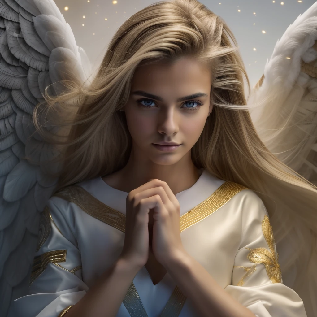 ((Male Custodian Angel. 19 years old))) ((( Con una cara seria y piadosa. Con una mirada dulce y tierna))) (obra maestra, calidad superior, mejor calidad, arte oficial, beautiful and aesthetic: 1.2), (1girl), extremadamente detallado, (Arte fractal: 1.3), colorido, highest detailed, Cara perfecta, parte superior del cuerpo, HDR, (orando: 1.3), (golden lines of white coat: 1.2), galaxia, (rayas de luz), eye-catching visuals, (dynamic stripes, senderos luminosos: 1.2), colores vibrantes,