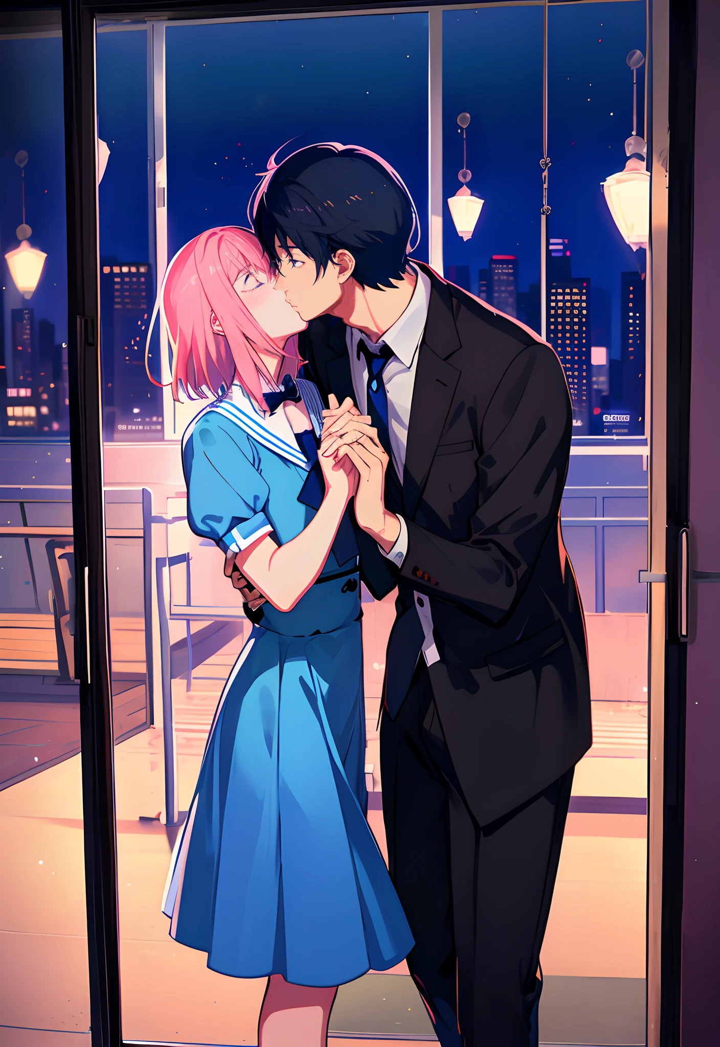 Anime couple kissing in front of window in city lights, Two anime handsome men, kissing together cutely, Yaoi, sakimichan and frank franzzeta, nick silva and ilya kuvshinov, official fan art, nixeu and sakimichan, frank franzzeta and sakimichan, Cute boys