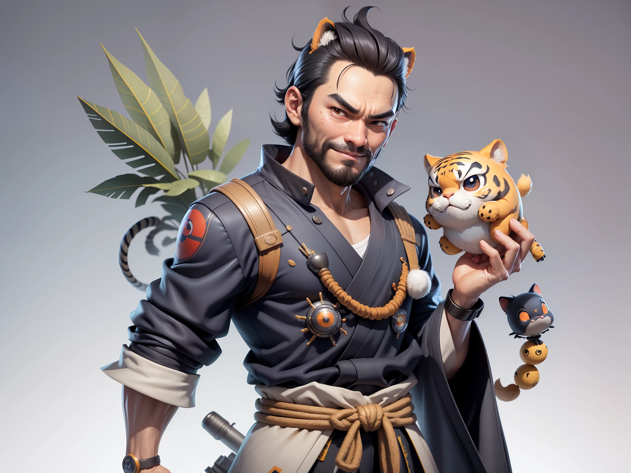 (Daisaku),(Need),(Super meticulous),(full bodyesbian:1.2),Super young man with Japanese geisha，Beautiful，orient，one tiger，Aeolian Thor，Raised sexy，爆乳，Oriental face，TV Anchor，Bust portrait illustration，In black suit，a blue tie，The face is slightly chubby，The face was clean，without a beard，Black super short hair，Black eyes，Smile confidently，3C computer sub-products，iPad， iphone，Digital painting，3D character design by Mark Clairen and Pixar and Hayao Miyazaki and Akira Toriyama，The illustration is a high-definition illustration in 4K resolution，With very detailed facial features and cartoon-style visuals。