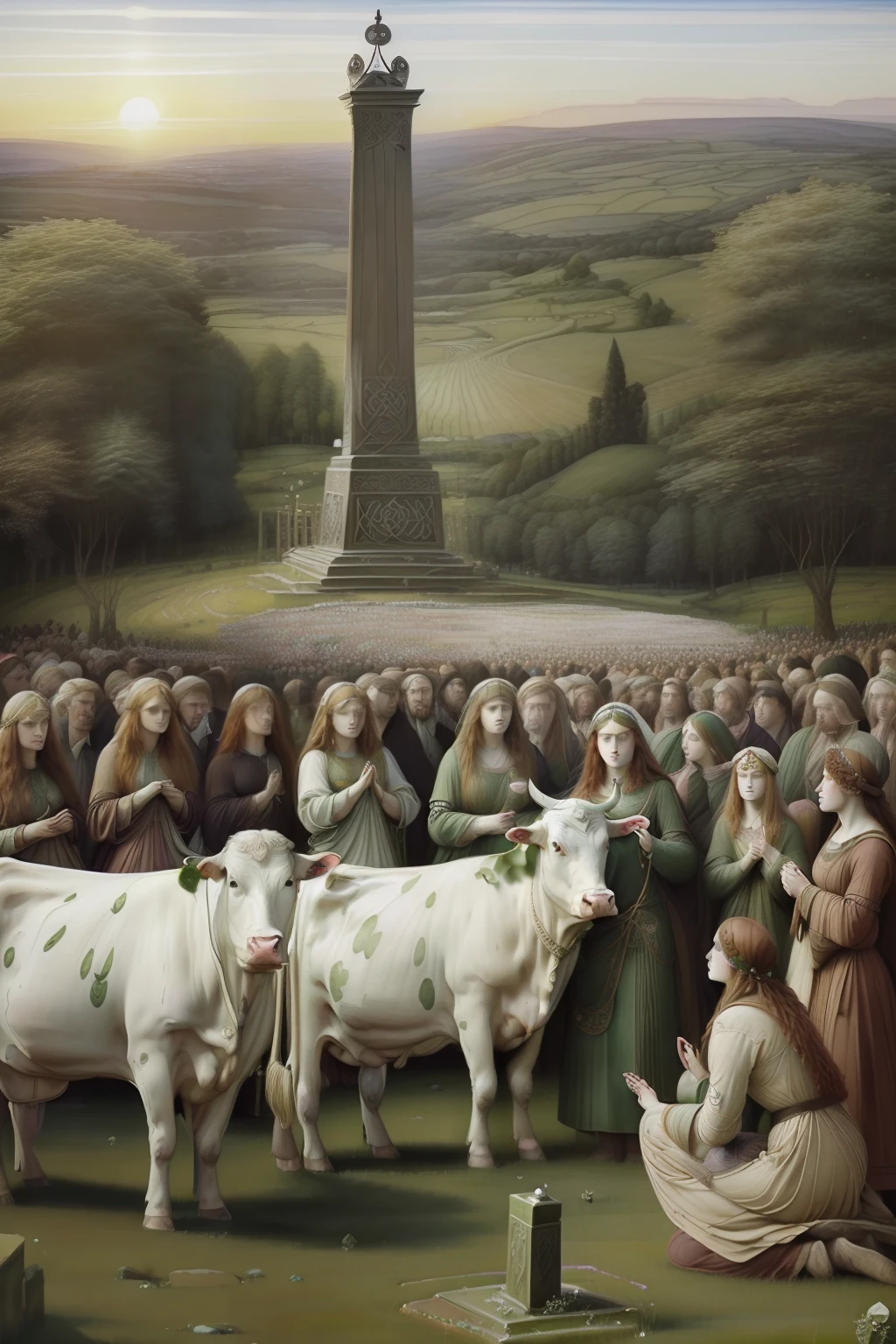 (((Pre-Raphaelite Celtic painting of a crowd worshipping the idol of a white cow, paisagem celta, entardecer, stone circle, pendurar)))