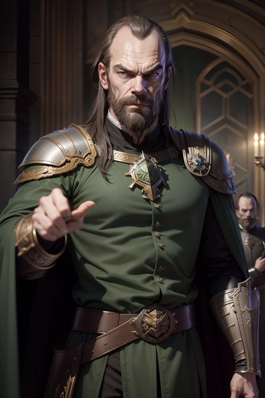 Hugo Weaving as high lord from the Warhammer universe, photorealistic, hd( lord: no beard, short black hair, dark green renaissance uniform, silver-green cape, wide belt ), renaissance gun pointing viewer,realistic fantasy, strong sense of three-dimensional by Chesley Bonestell