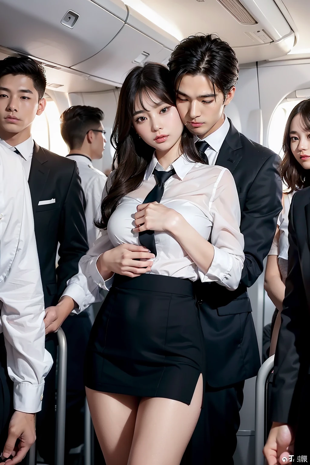 in 8K、Raw photography、Highest Quality、realisitic、Photorealsitic、Professional Lighting、masterpiece、extremely delicate and beautiful、Highly detailed、finely detail、ultra-detailliert、hight resolution、full-shot)、SFW、Detailed scenario of a very crowded cabin、(((On the plane)))、1girl in、1 Flight attendants、Beautiful female flight attendant(woman 1)ha、Wearing a flight attendant uniform、Beautiful face:1.5、Model body type、small tits、All passengers except one female are male........:3、Young man in suit、(woman 1)Touching the body of、Young men(woman 1)hug from behind、Young men(woman 1)Touching the chest of、Young men(woman 1)Flip up the skirt of、Black panties are visible、NSFW、