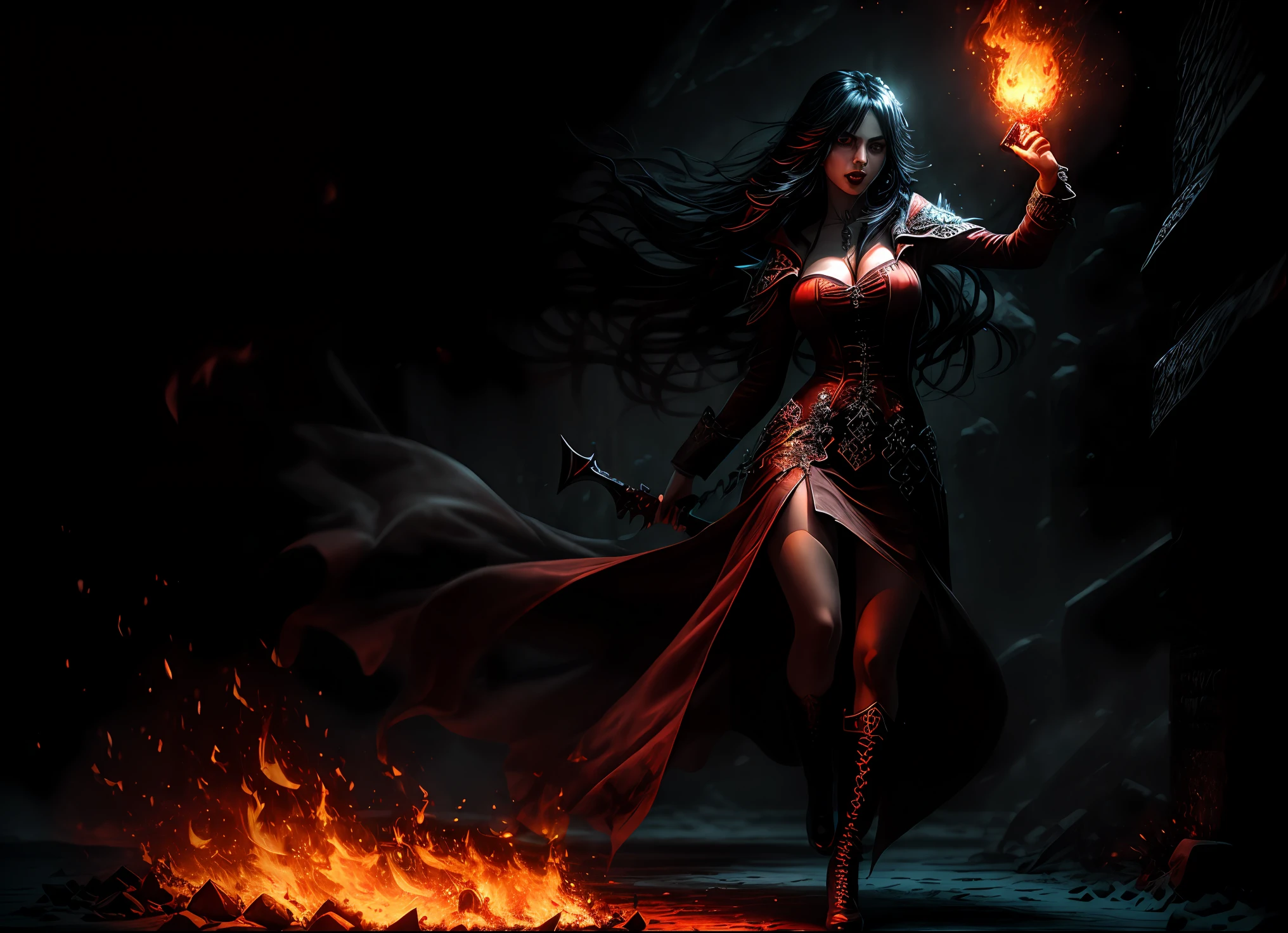 Brazilian vampire, female, raymarching reflections, majestic looking, full body, flowing black hair, menacing gaze and gleaming vampire fangs, blood staining her pale face, extremely detailed, hair ornament, photorealistic lighting, photorealistic render, epic weapons, fire and ice flames