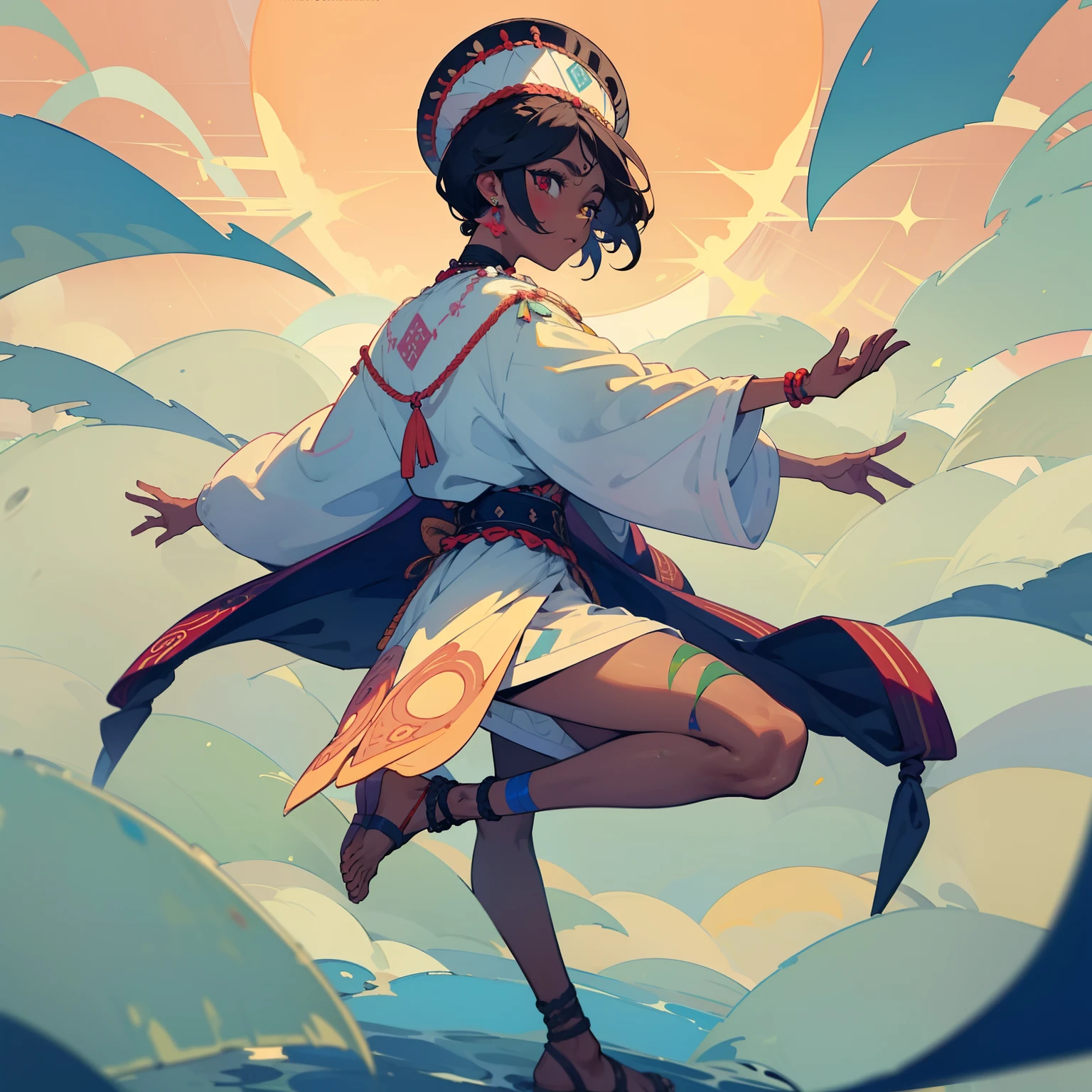 Zélie wears a warrior costume, composed of a sturdy linen tunic, em tons terrosos, com detalhes em couro e penas coloridas, representing your connection to nature and magic.
Ela usa uma faixa de tecido amarrada na testa, adorned with tribal jewelry, that symbolize his courage and leadership.
His neck is adorned with beaded necklaces, conchas e amuletos, each with a special meaning and a story to tell.
Zélie has leather armbands with carved details, that protect and strengthen your forearms during battles.
Her feet are shod with sturdy leather sandals, favorecendo sua agilidade e garantindo que esteja pronta para qualquer desafio.
Their appearance is complemented by a tribal makeup, with geometric designs around the eyes, que ressaltam a intensidade do seu olhar.
Apesar das marcas de batalha e cicatrizes que adornam seu corpo, Zélie exudes a wild beauty and an aura of power that attracts the attention of everyone around her.
