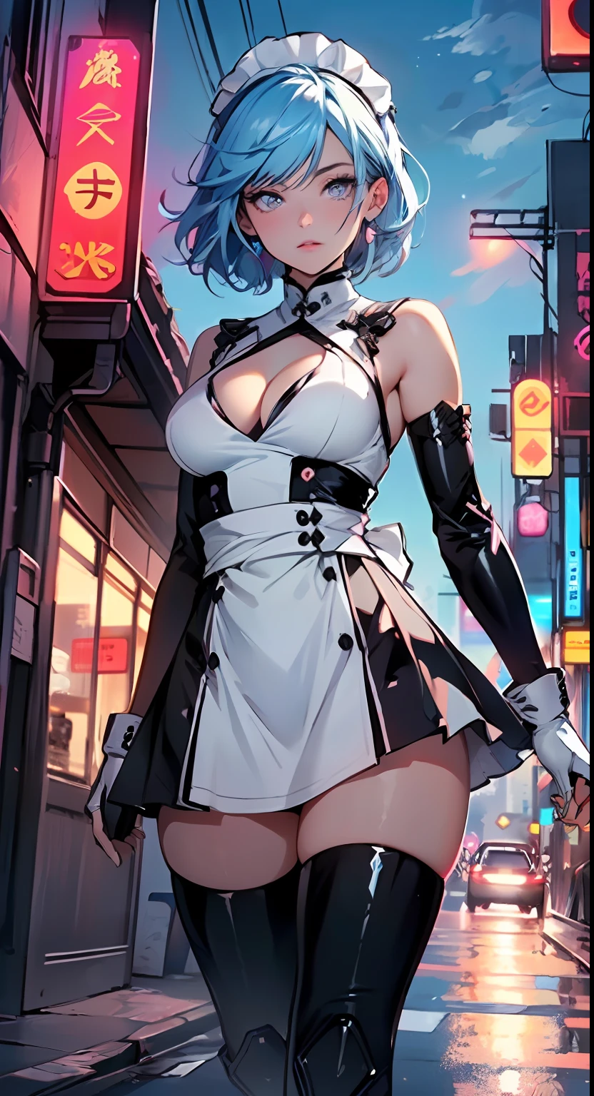 reelmech,cyborg girl,
maid android,(((1girl))),((anime mechanical robot girl with extremely cute and beautiful pale blue hair hair walking seductively down the street)),
(large breasts:1.4),saggy breasts,(((pale blue bob hair:1.35,colored inner hair,short hair,ear breathing))),(((doll))) ,((pale blue eyes,pale white skin,doll joints,mechanical hands,silver armored dress,tesla coils,maid mechanical doll,Body of a machine,metallic skin,ball joint,no facial features,data in the eyes,)),((blue eyes:1.3,upturned eyes:1.3,perfect eyes,beautiful detailed eyes,gradient eyes:1,finely detailed beautiful eyes:1,symmetrical eyes:1,big highlight on eyes:1.2)),((fat)),(((lustrous skin:1.5,bright skin: 1.5,skin tanned,shiny skin,very shiny skin,shiny body,plastic glitter skin,exaggerated shiny skin))),(spider lower abdomen,narrow waist,wide hip,athletic body,inflated legs,delicate detailed fingers,detailed body,detailed arms,human hands,(detailed face)),
cute,slutty,seductive,erotic,(((nsfw))),
(maid headdress),bare_shoulders,delicate metal decorations,Headdress,(maid),sleeveless,miniskirt,boots,cleavage_cutout,bare_legs,(detailed outfit,detailed clothes),
(dynamic pose:1.0),solo focus,embarrassed,centered,scale to fit dimensions,Rule of thirds,
outdoors,((night view)),(very pretty city neon synthwave,cyberpunk night street Background:1.5,dark sky,thick clouds),future vehicles,((neon lights)),thick clouds,(cyberpunk style,neon lights, (synthwave theme background), lonely street),(((detailed background:1.25))),
(best quality),(high resolution),(sharp focus),(ultra detailed),(extremely detailed),(extremely high quality artwork),8k_wallpaper,(extremely detailed CG 8k),(very fine 8K CG),((hyper super ultra detailed perfect piece)),flawless,(((masterpiece))),illustration,vibrant colors,(intricate),High contrast,Selective lighting,Double exposure,HDR (High Dynamic Range),Post-processing,Background blur,
