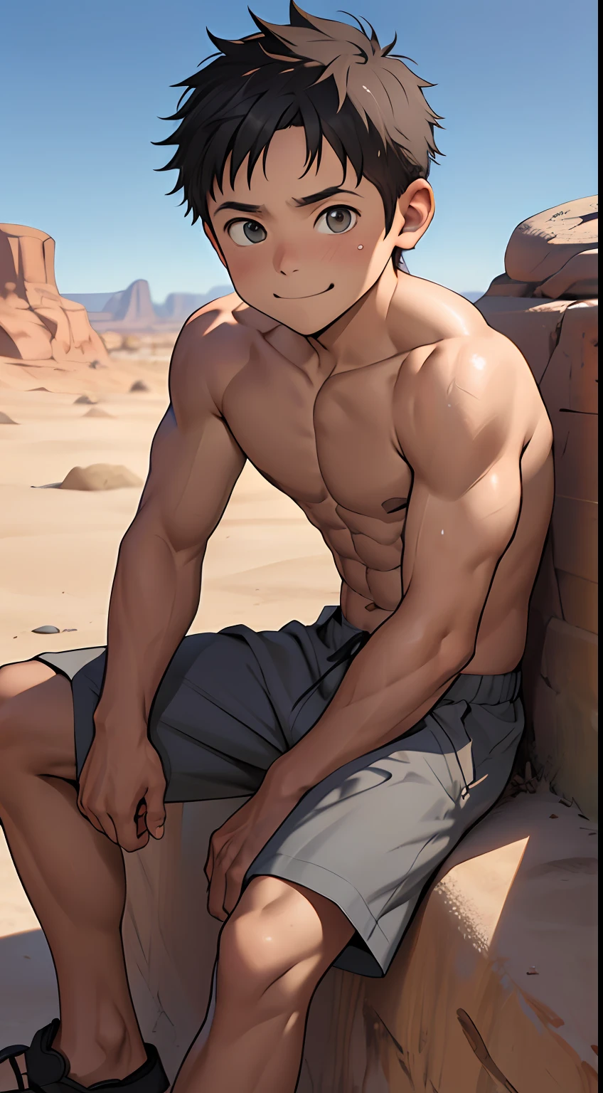 (masutepiece, Best Quality),1boy,(younge boy,child-faced,Boy's face),a baby face,infancy,sideface,Naked sitting in the desert,infancy,young age,short round face,Flat chin,finely detaild face,Color Brief,well-muscled，short-hair,radiant eyes,opens his eyes wide,with an intricate,full body Esbian,nakeness,Teal Brief,Abs pectoral muscles,vivd colour,(depth of fields:1.2),(Abs),looking at viewert,Full body portrait of a slight smile