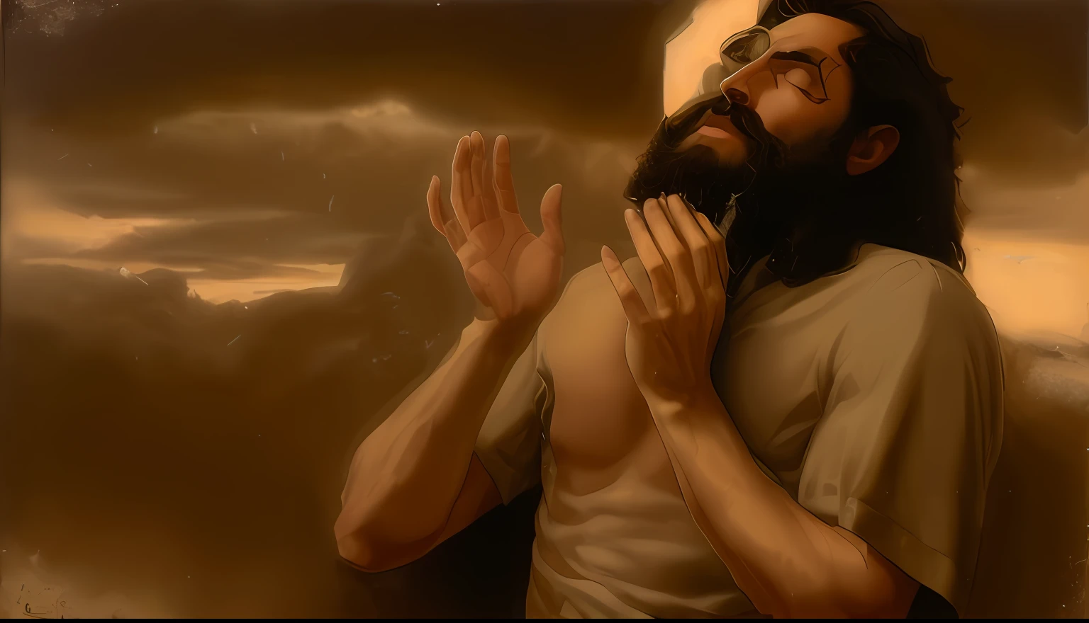 um close up de um homem com barba e manto, praying, kneeling in prayer, doing a prayer, Jesus, ultra realistic oil painting, Nicodemos, Directed by: Scott Gustafson, he has a devastated expression, pintura digital ultra realista, his hands buried in his face, Pintura suave ultra realista, with a sad expression, beautiful depiction