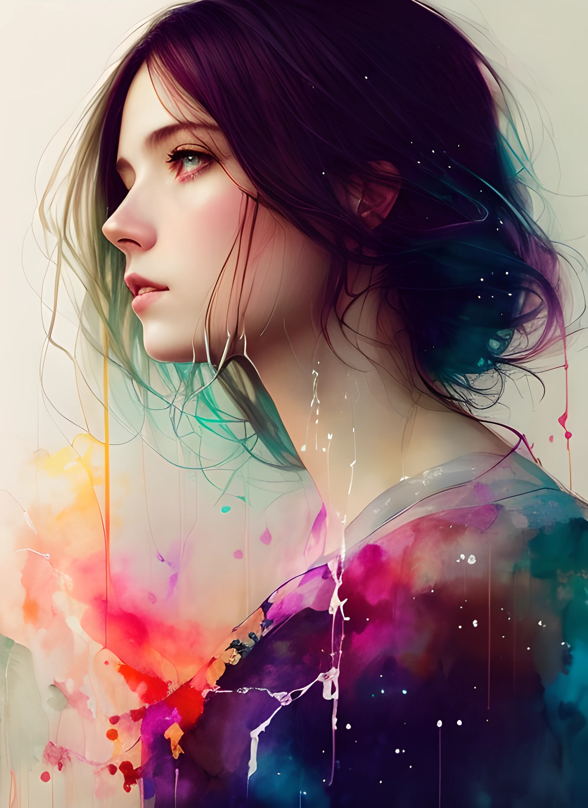 a woman by agnes cecile, luminous design, pastel colours, ink drips, autumn lights