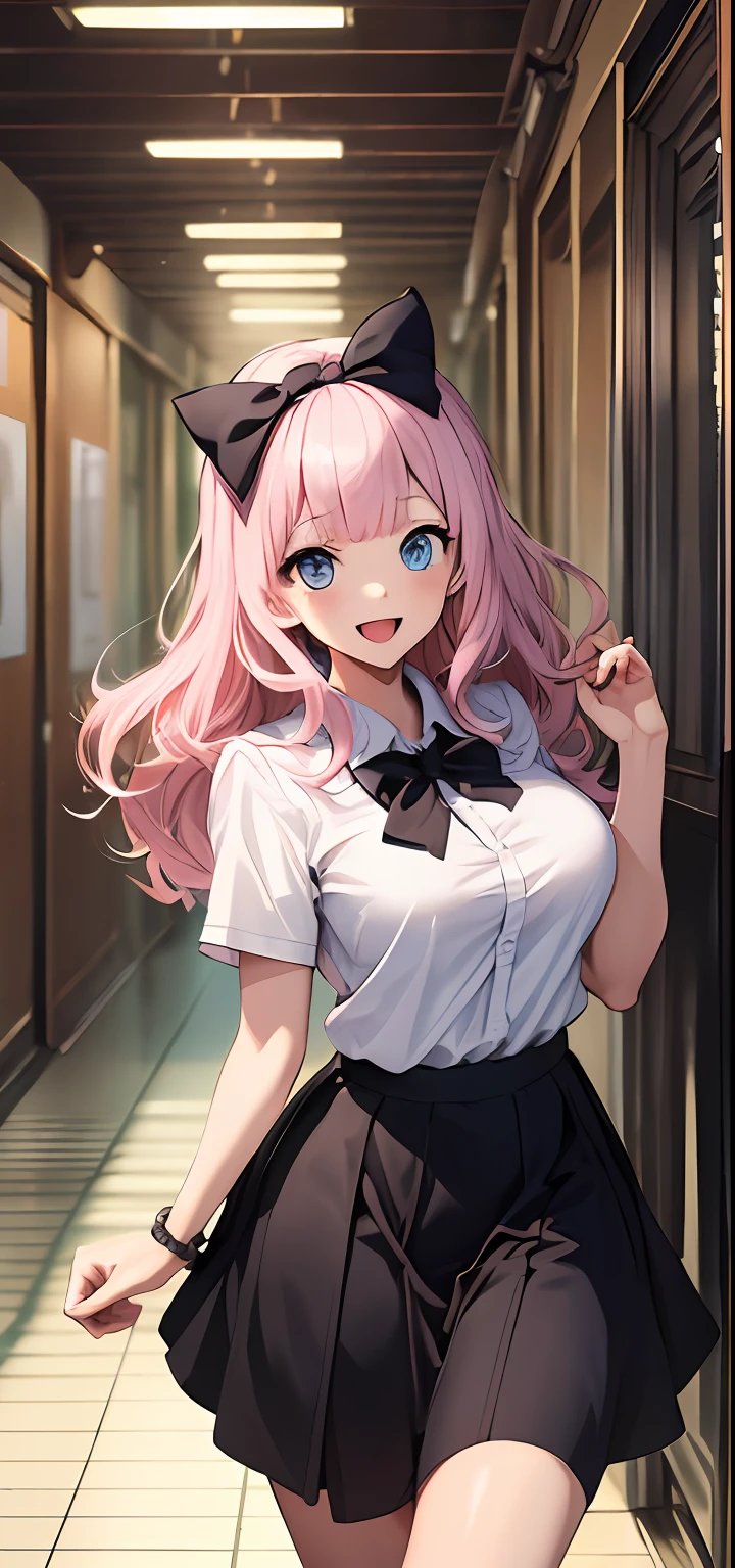 2d, masterpiece, best quality, anime, highly detailed, cowboy shot, 1girl, solo, fujiwara chika, blue eyes, pink hair, hair bow, black bow, school uniform, summer uniform, large breasts, standing, indoors, hallway, :d