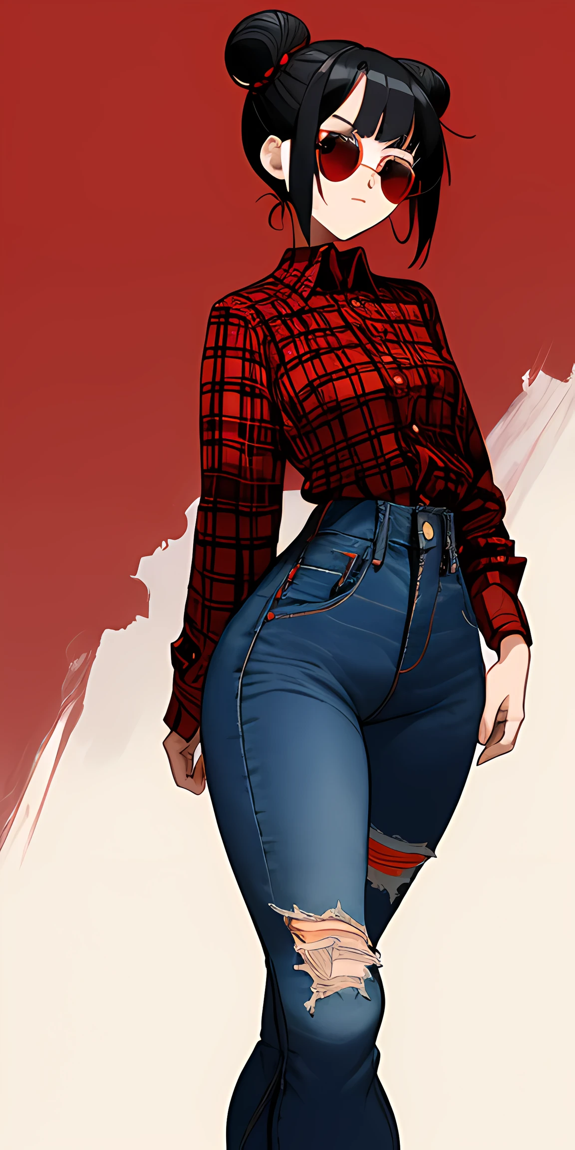 1girl, short hair, black hair, red long-sleeved plaid shirt, blue ripped jeans, red sunglasses, red eyes, shirt at shoulder height, buns haircut, wide hips, red lumberjack flannel, urban girl, solid colour background, wide hips