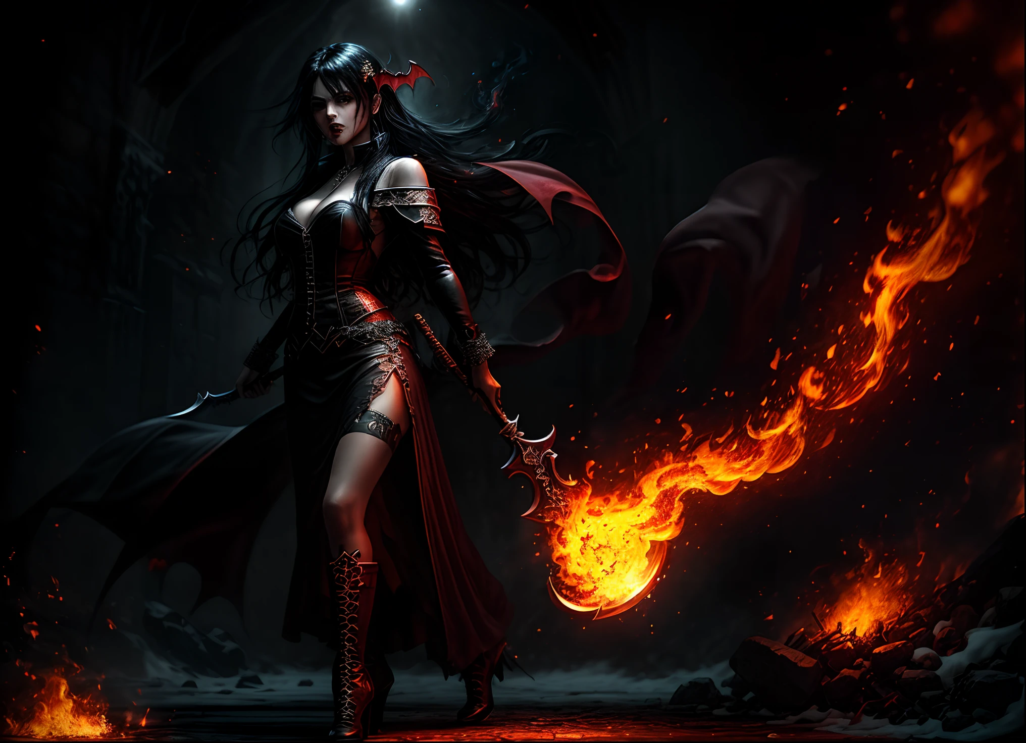 (best quality,highres,realistic:1.37), ultra-detailed, long black hair, glowing red eyes, burned clothing, floating in air, dark Souls inspired, angry expression, full body view, (hands in fire:1.2), shiny red eyes, wearing a black dress, flying,