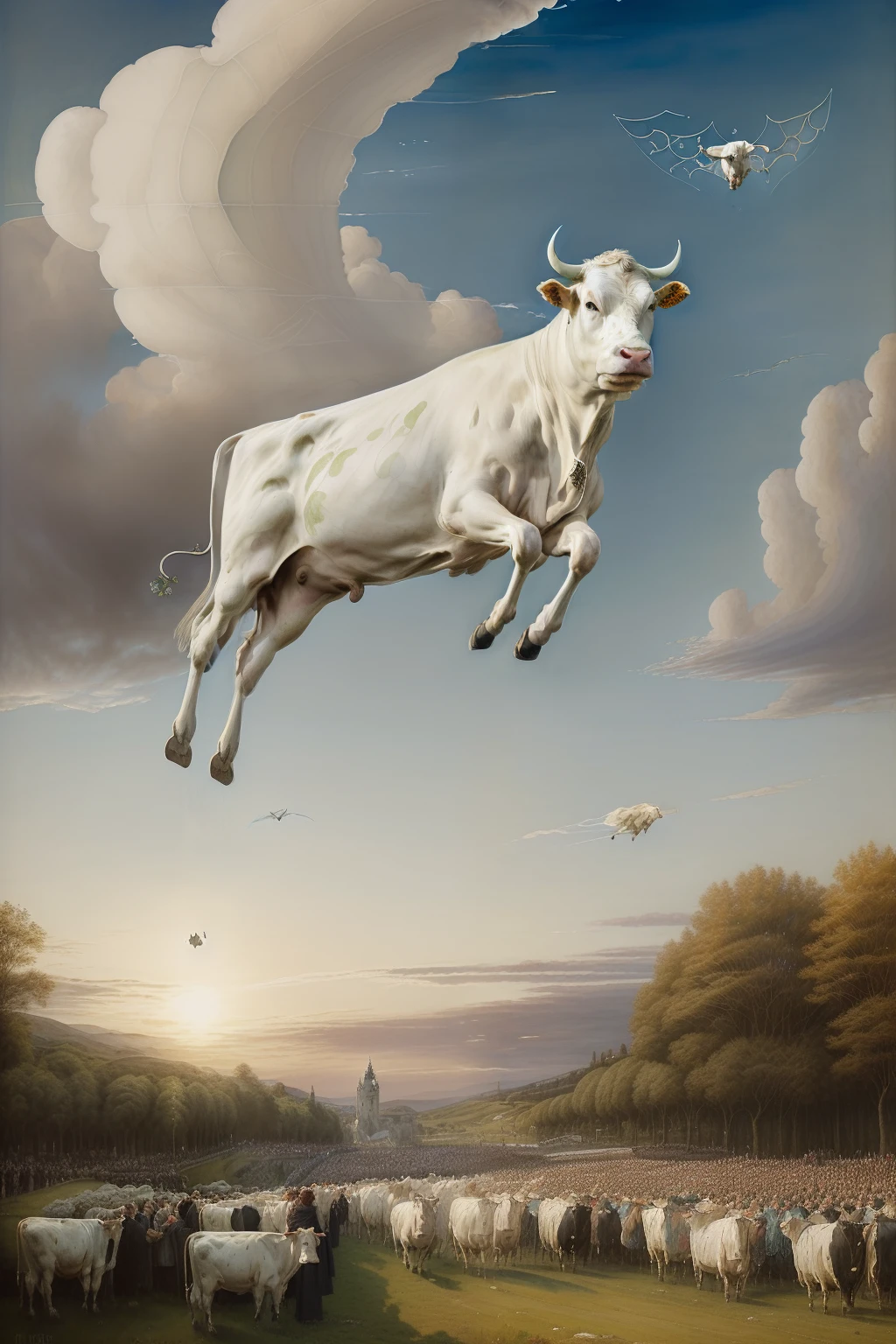 (((Pre-Raphaelite Celtic painting of a white cow flying between clouds in the sky worshipped by a crowd, paisagem celta, entardecer)))