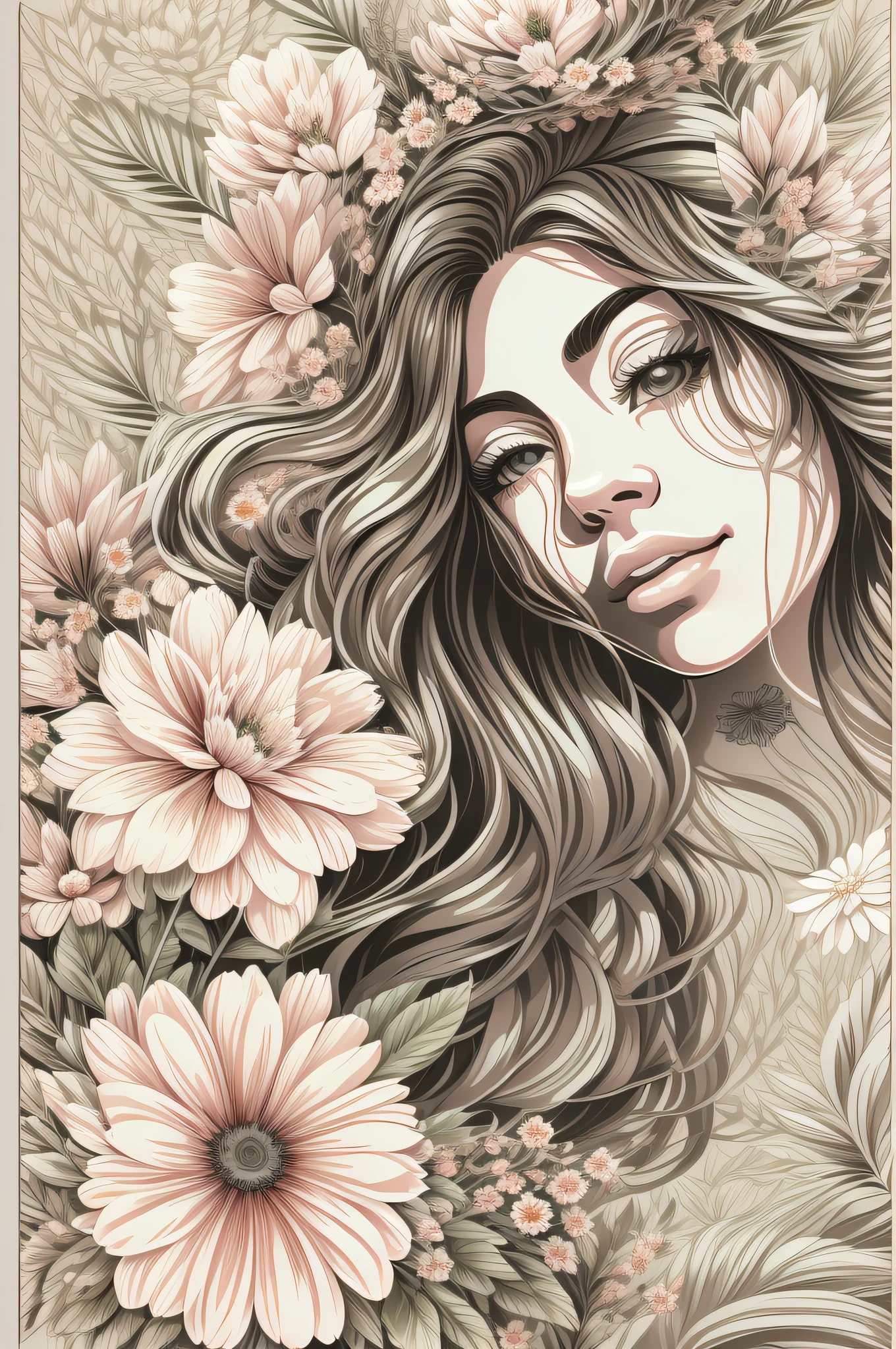 Mulher loira com cabelo ondulado longo, usando top de acordo com flores curtas, com longos cabelos pretos, surrounded by several flowers, imagem de estilo realista, Cercado pelo design da camiseta Vector VibraPrint Ready, fundo branco, side view, label, fundo branco limpo, vetor profissional, Detalhes extremamente altos, design de camisetas, vibrante.