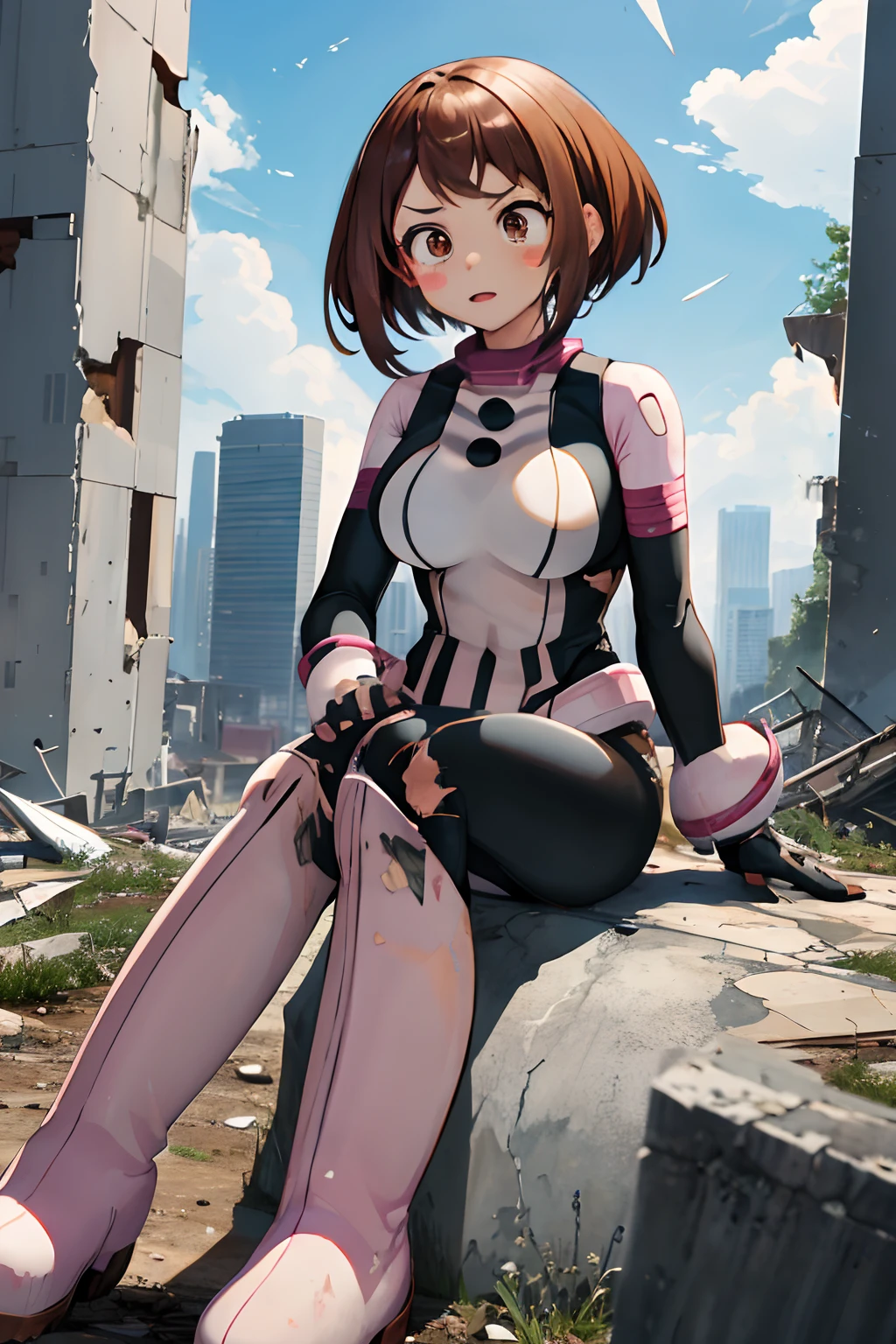 masterpiece, best quality, highres, hmochako, blush stickers, short hair, medium breasts, superhero, bodysuit, boots, ruins, building, (torn clothes:1.2), sitting