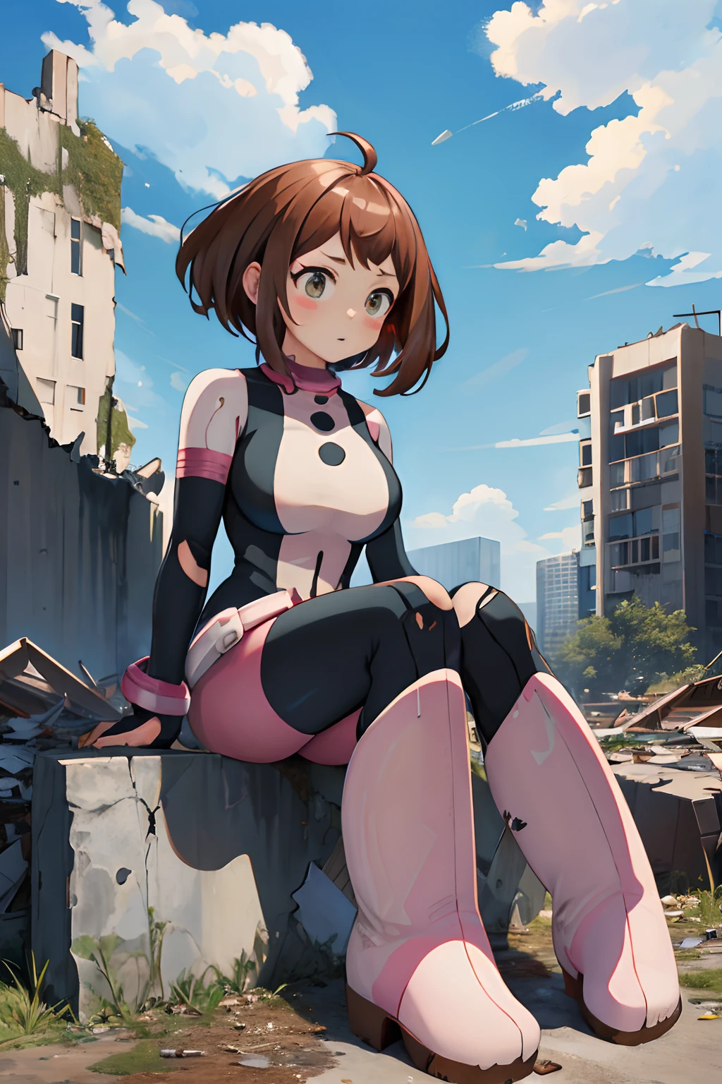 masterpiece, best quality, highres, hmochako, blush stickers, short hair, medium breasts, superhero, bodysuit, boots, ruins, building, (torn clothes:1.2), sitting