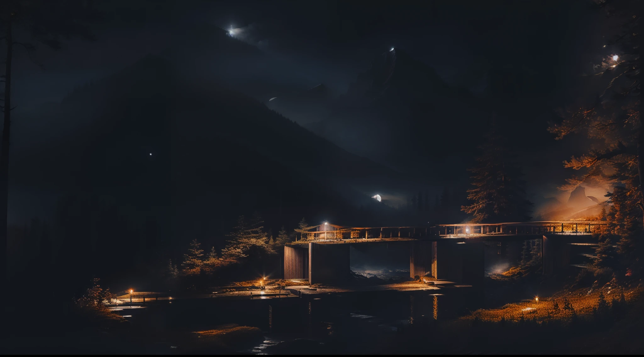 a forest at night with a large wooden bridge between the trees and the mountains a bright moon in the sky and fireflies and lights between the trees and a mist on the ground