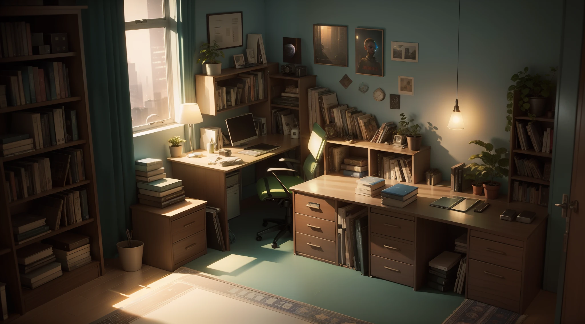 room at night, ciberpunk, computer desk, Books, computer, Space outside the window