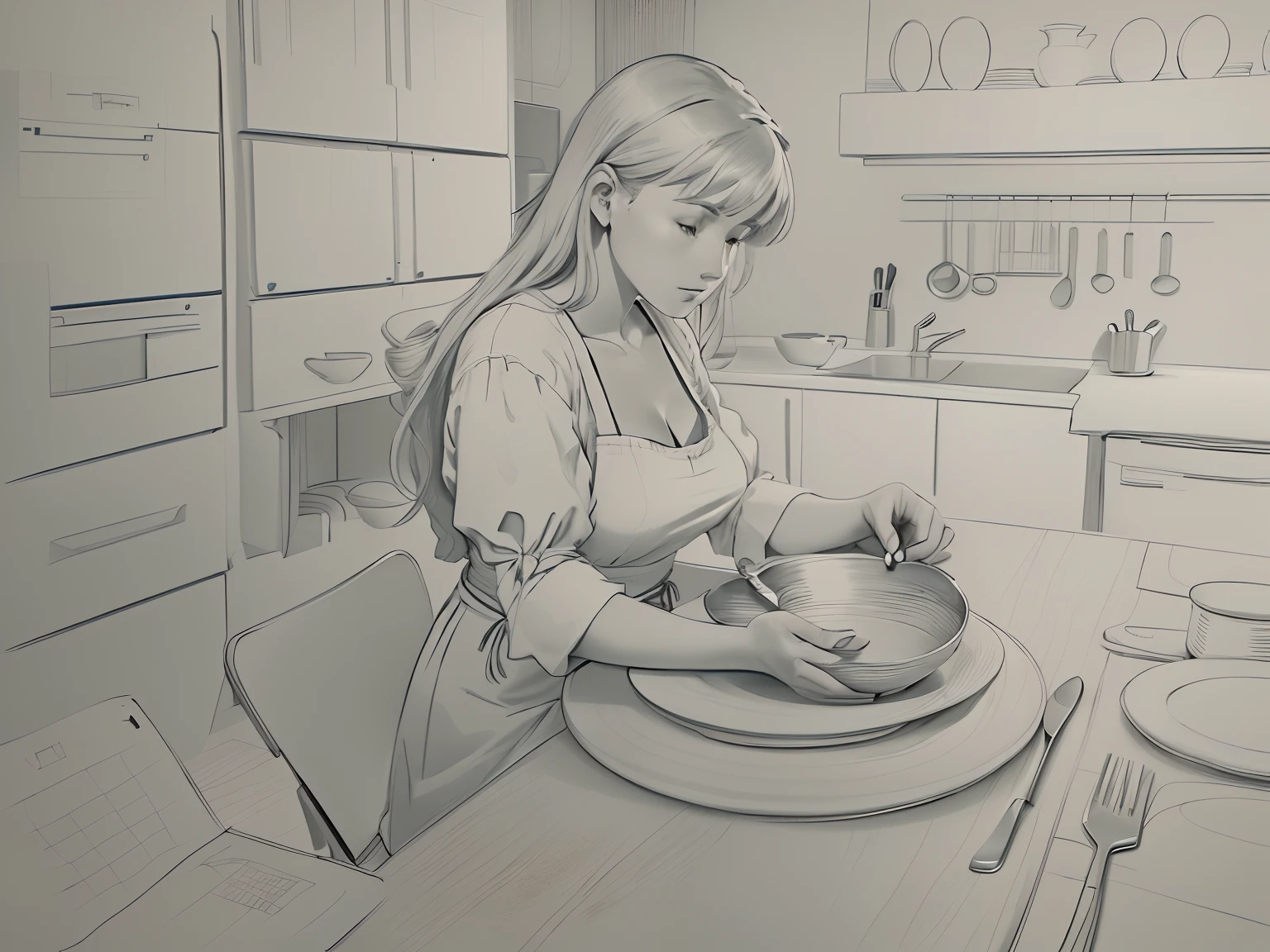 drawing of a woman sitting at a table with bowls and plates, animatic, cooking, at a dinner table, keyframe illustration, in the kitchen, on kitchen table, rough sketch, in a kitchen, thick outline, cell shaded adult animation, keyframe, outline sketch, hand drawn animation, 2 d render, thick outlines, hand - drawn animation, wip