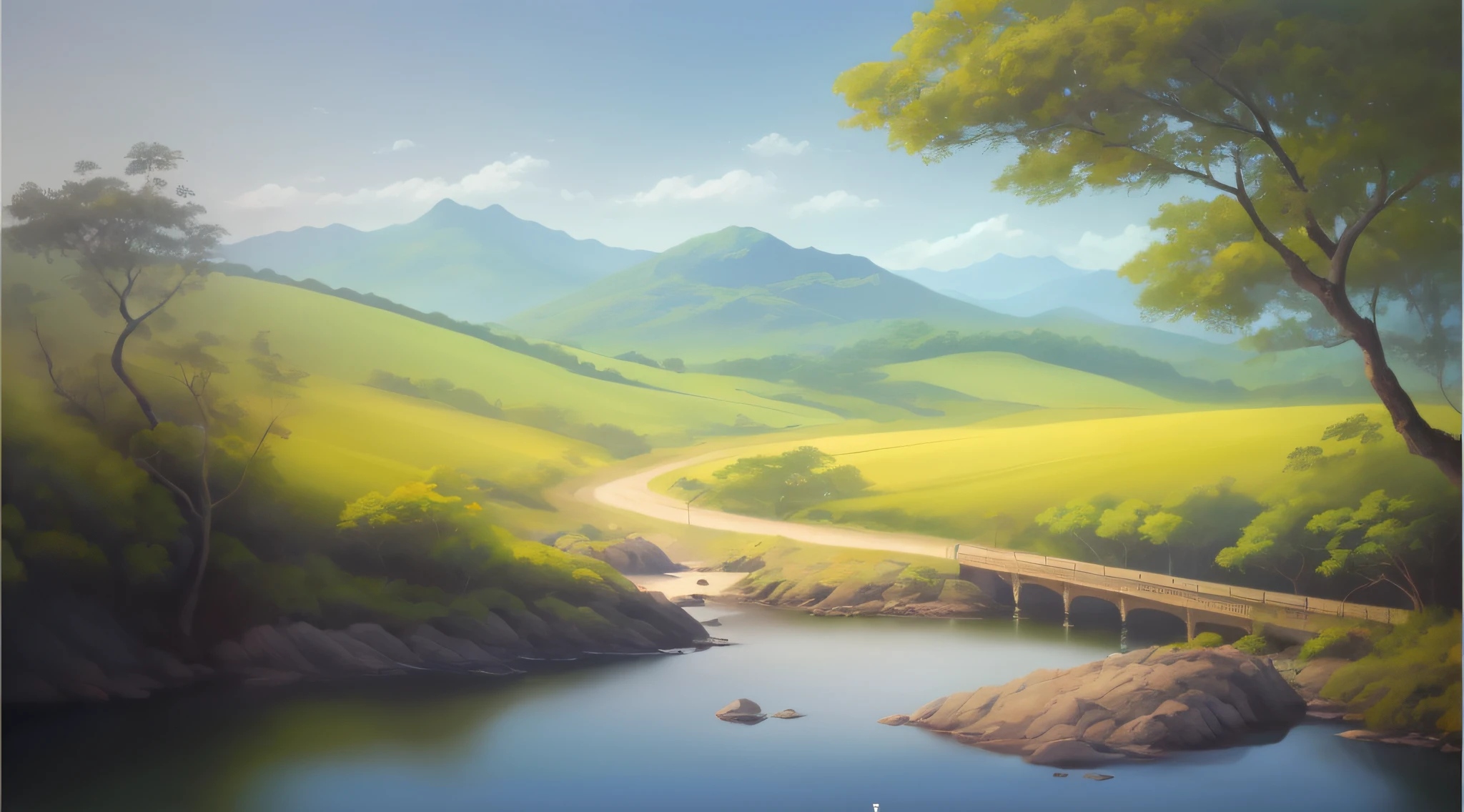 pintura de uma paisagem de montanha com um riacho e uma ponte, papel de parede de paisagem, Pintura digital 4k, Arte bonita UHD 4K, Pintura digital 4K, Pintura digital fosca 4K HD, arte de fundo, Pintura Digital HD, Pintura Digital HDR, pintura digital bonita, Pintura digital de fantasia, 8k resolution digital painting, 8k resolution digital painting, paisagem de sonho