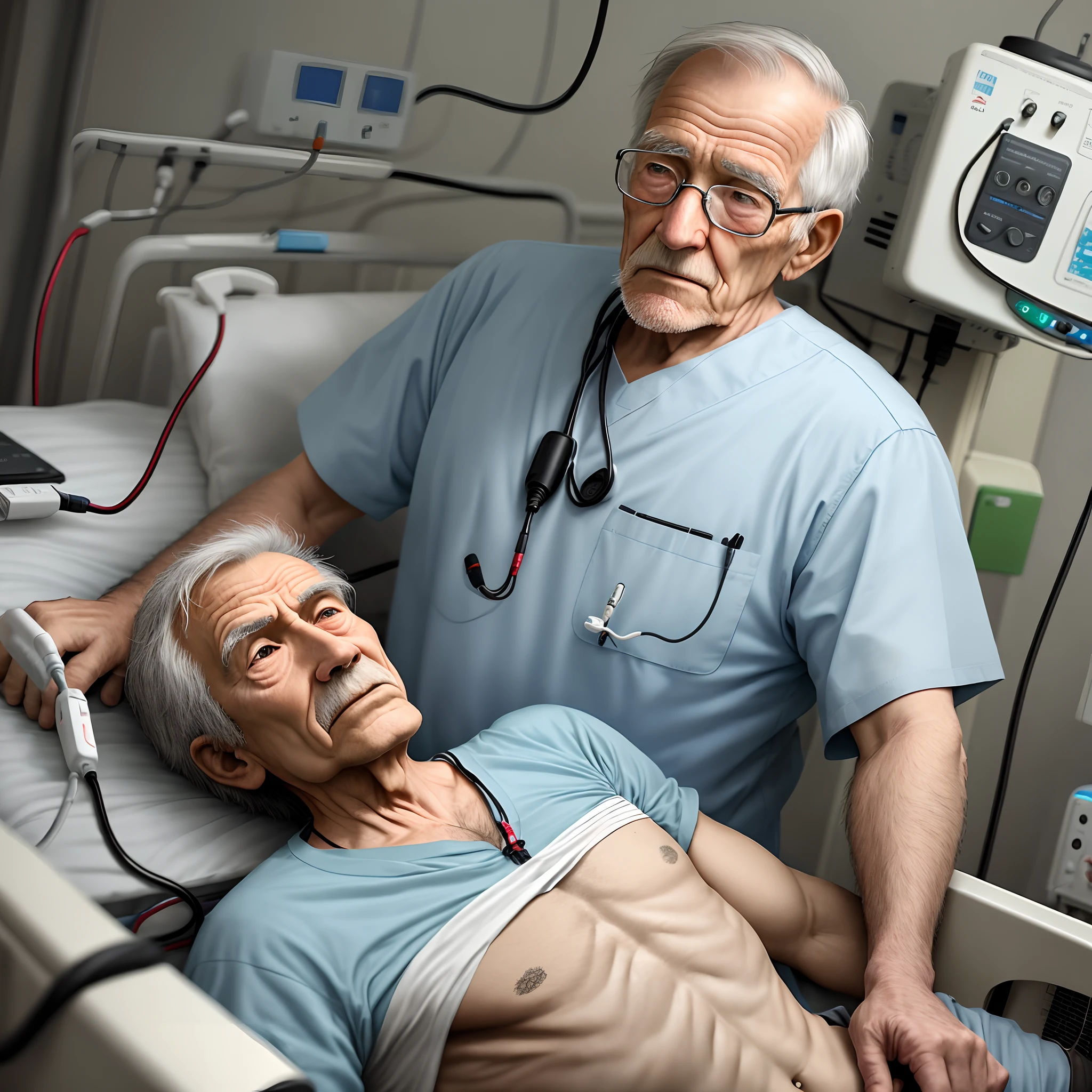 A old man,Lying on a hospital bed with oxygen plugged in