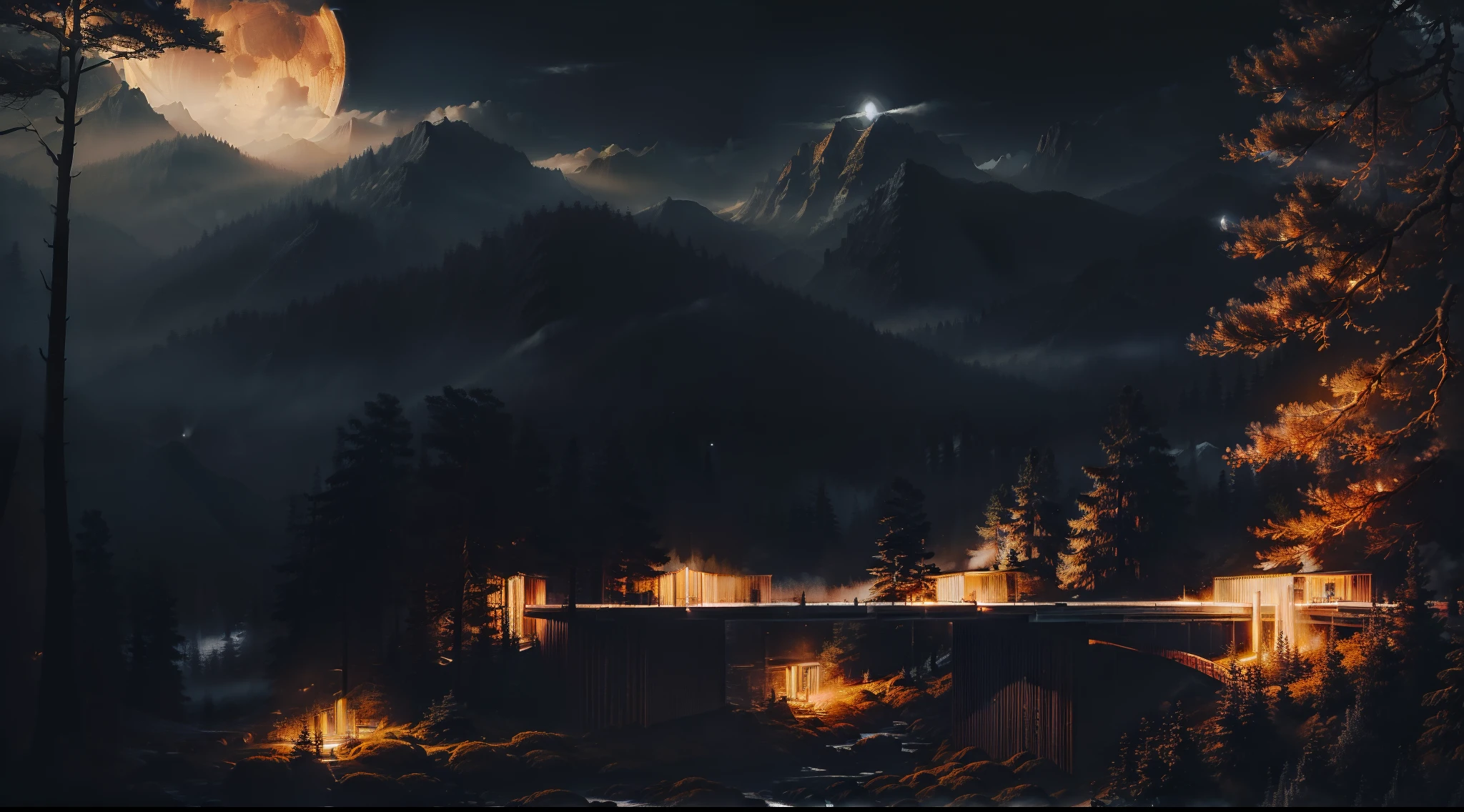 a forest at night with a large wooden bridge between the trees and the mountains a bright moon in the sky and fireflies and lights between the trees and a mist on the ground