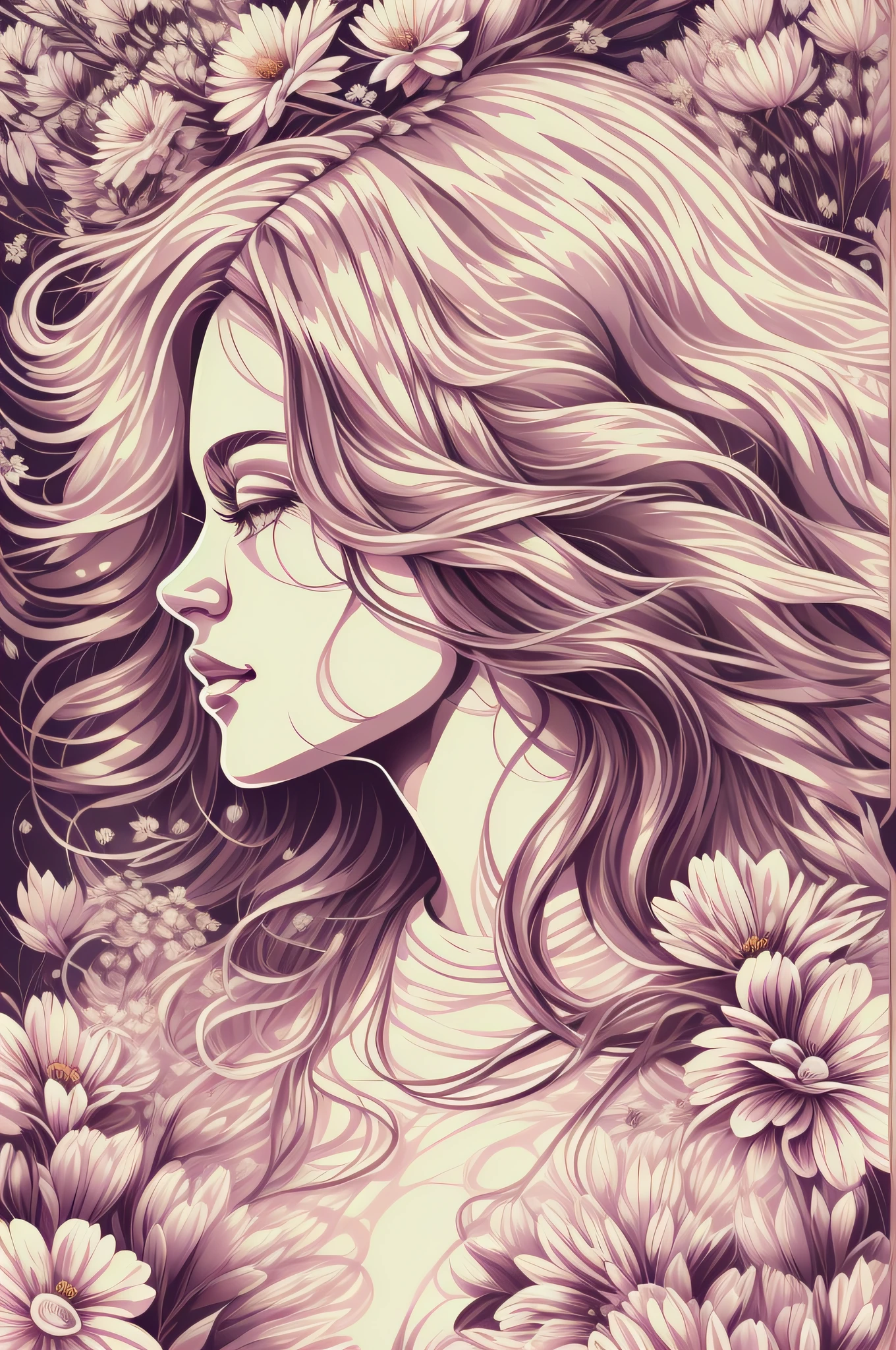 Mulher loira com cabelo ondulado longo, usando top de acordo com flores curtas, com longos cabelos pretos, surrounded by several flowers, imagem de estilo realista, Cercado pelo design da camiseta Vector VibraPrint Ready, fundo branco, side view, label, fundo branco limpo, vetor profissional, Detalhes extremamente altos, design de camisetas, vibrante.